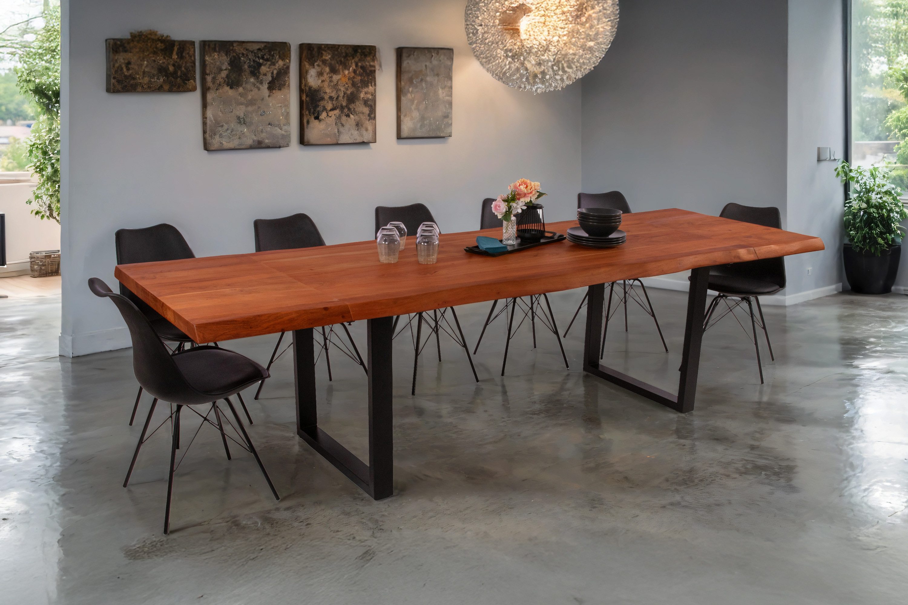 SAM® Essgruppe Henrik, Baumkante, massives Akazienholz, mit 2 Ansteckplatten und Stühlen