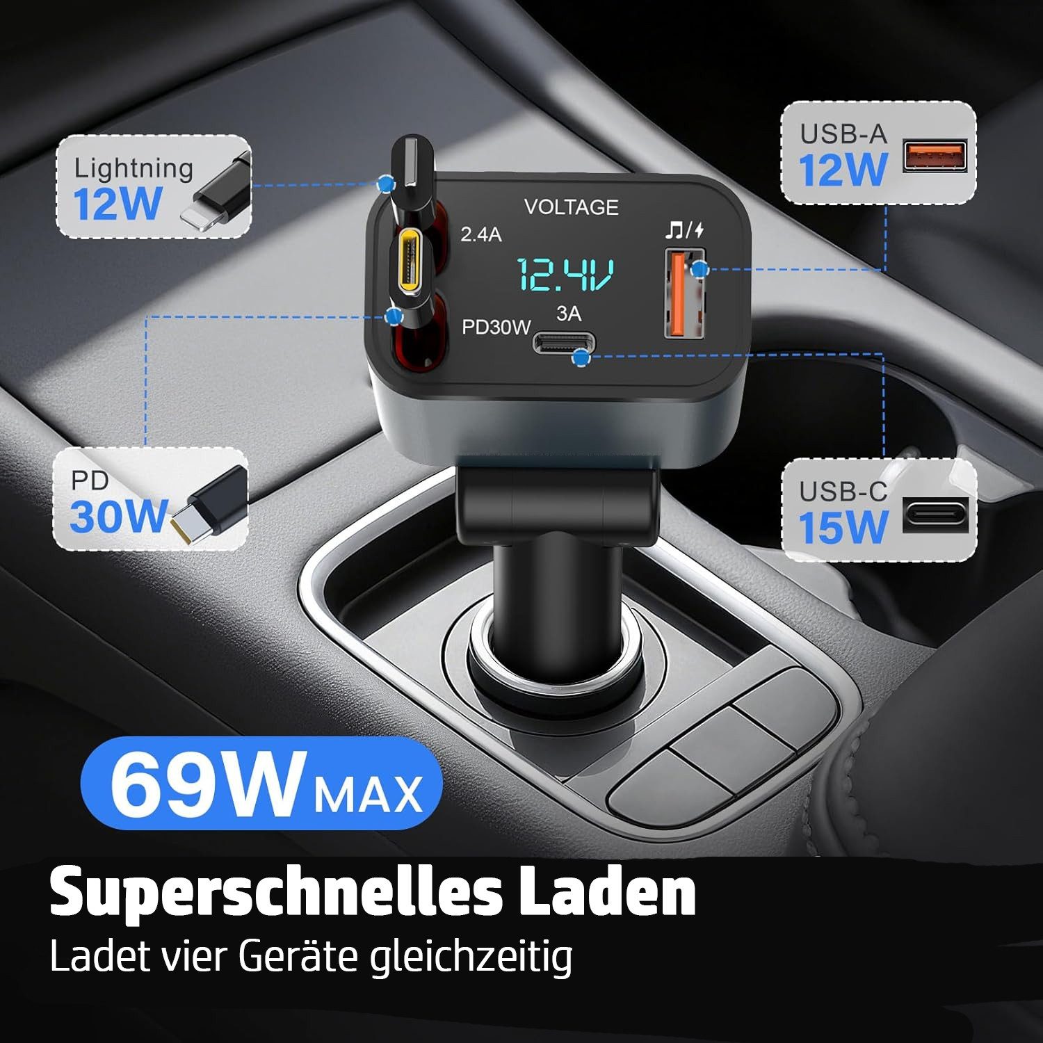 TUWENA Bluetooth & Cigarette Lighter Car Charger with 2 Retractable Cables, FM Transmitter, 24V/12V USB-C