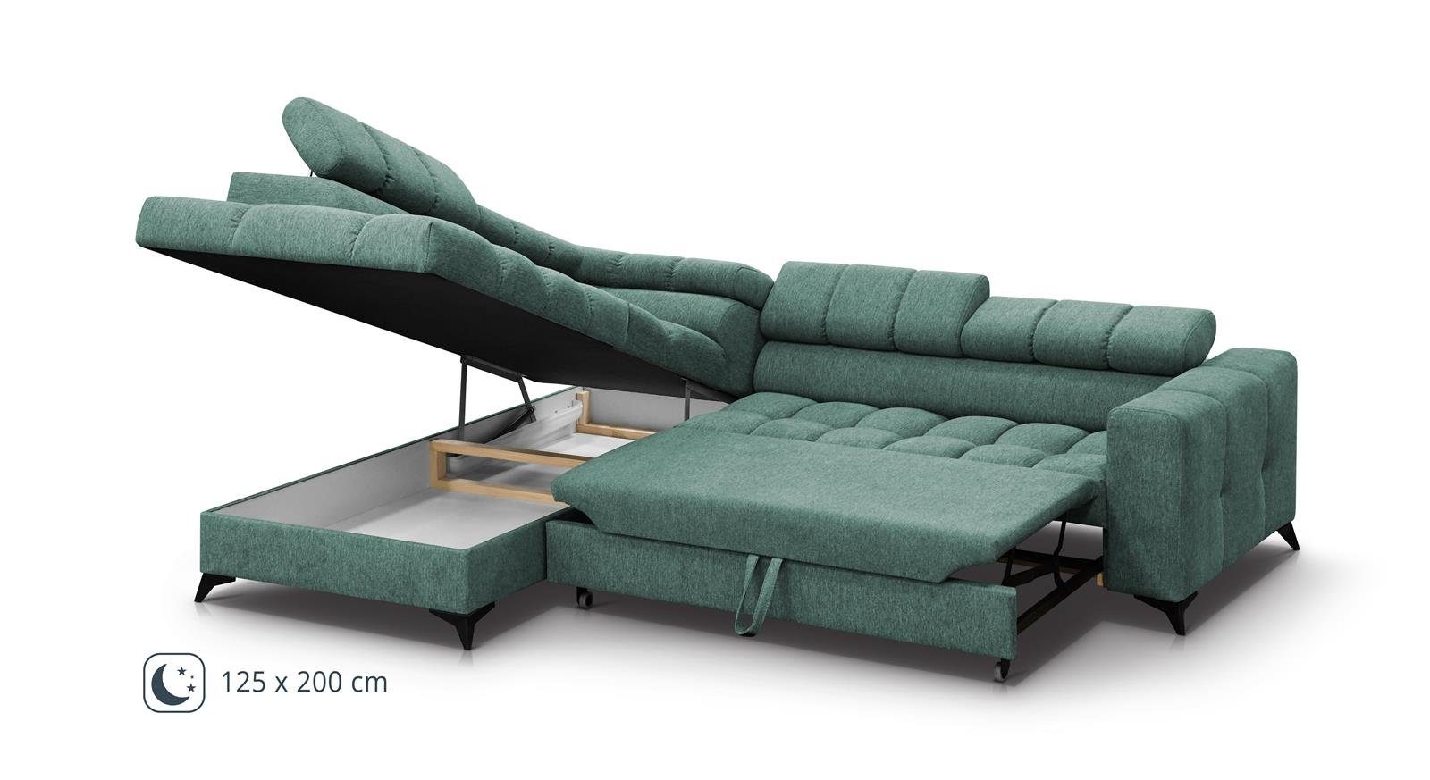 Beautysofa Ecksofa Volf, mit Eckcouch mit mit 14) Schlaffunktion, Wohnzimmer, aus (polaris Design, Kopfstützen, verstellbare Velours Grün Schlafecke für Bettkasten, modernes im