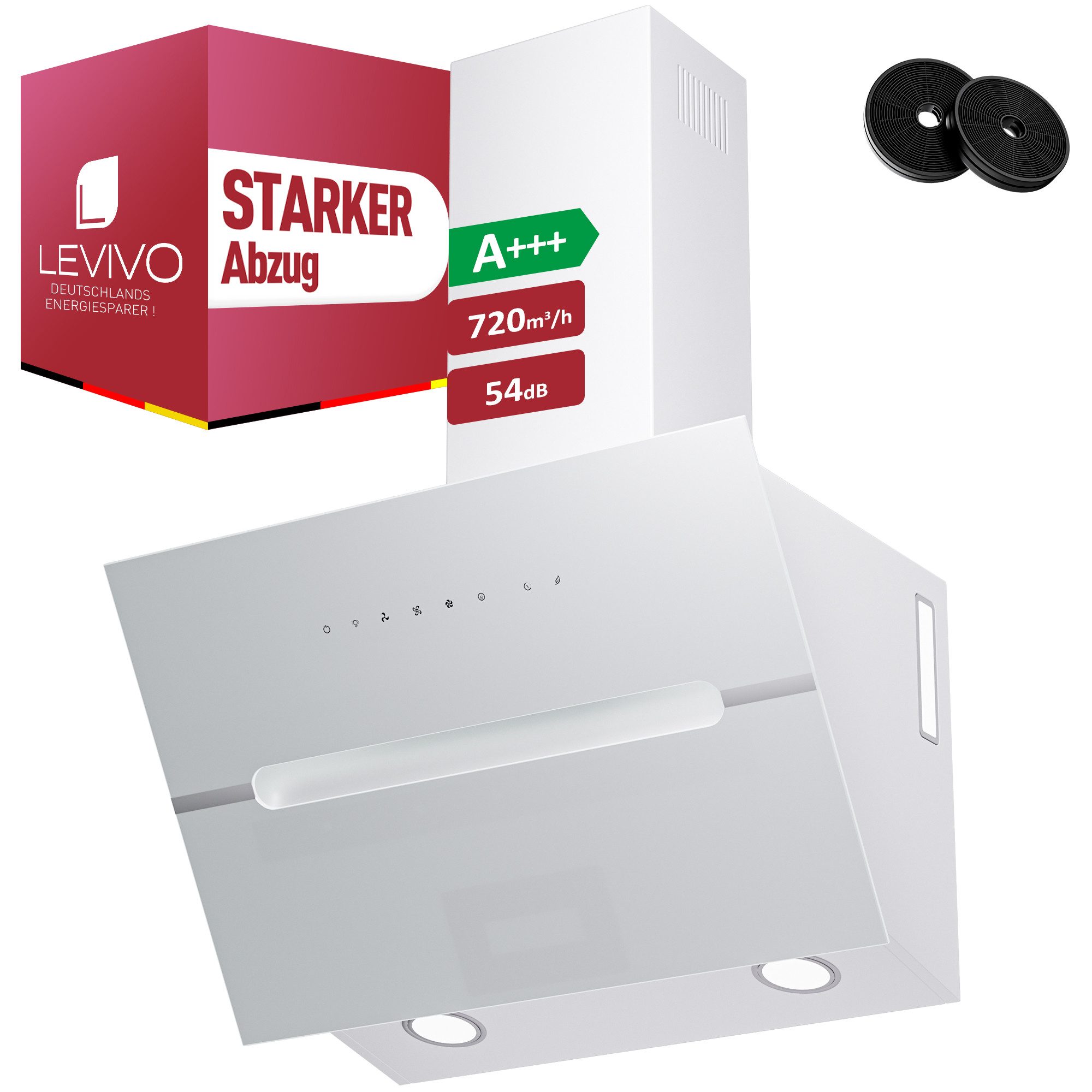 Levivo Kopffreihaube A+++ Dunstabzugshaube 60cm und 90cm Umluft & Abluft mit 720 m³/h A+++ Dunstabzugshaube 60cm und 90cm Umluft & Abluft mit 720 m³/h, Aktivkohlefiltern, Fettfiltern, LED-Beleuchtung