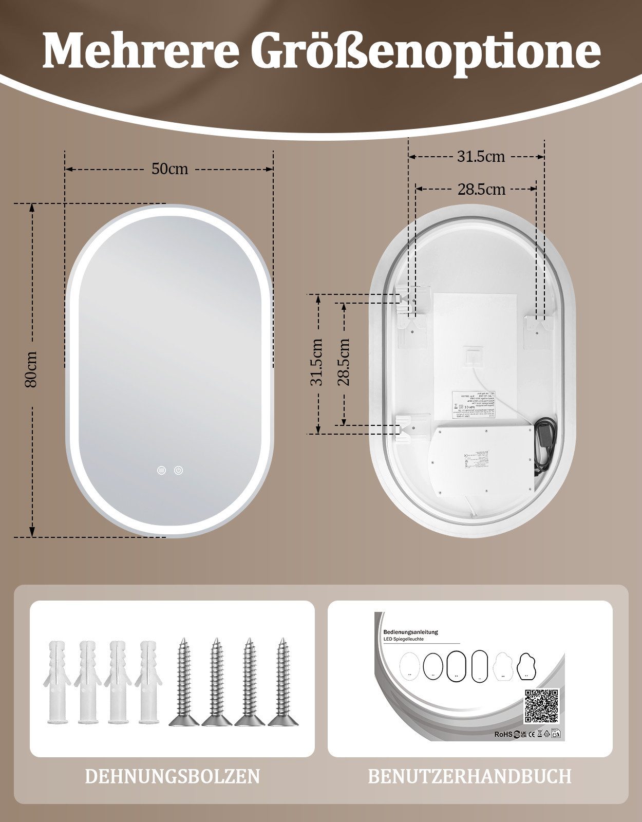 Nettlife Badspiegel LED Beleuchtung Touch Schalter Badezimmerspiegel 80CM Wandspiegel, 3000K bis 6500K Spiegel mit Entfogger Oval Memory Funktion – Bild 3 von 5