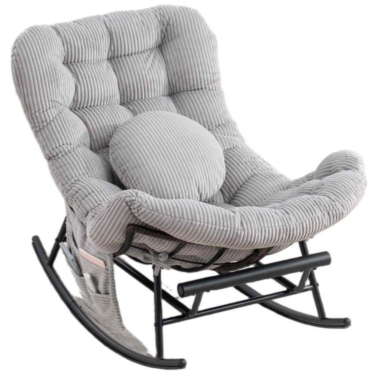 LVHOM Schaukelstuhl ausziehbarer Fußstütze, dick gepolstert, Metallgestell, In-/Outdoor (zusätzliches Zierkissen, Seitentaschen, ergonomisches Design, Sitzmöbel/Liegeschaukel/Relaxsessel/Wohnaccessoire, 120kg Tragfähigkeit), Ideal für Wohnzimmer, Schlafzi