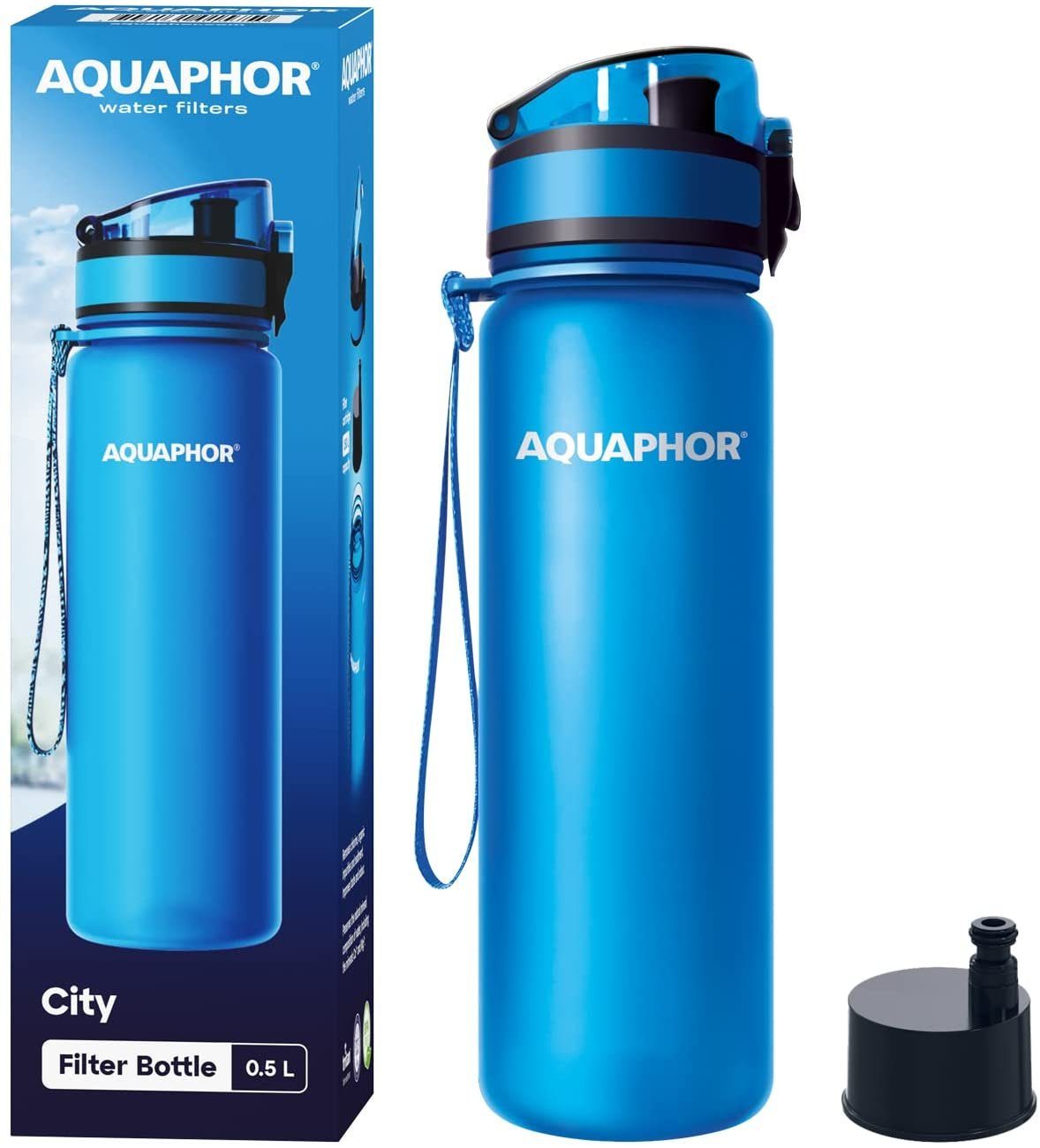 Wasserfilter unterwegs, AQUAPHOR Farbe: 500ml., blau. mit Flasche Filter Trinkflasche Aktivkohle., für mit Wasserfilterflasche City blau