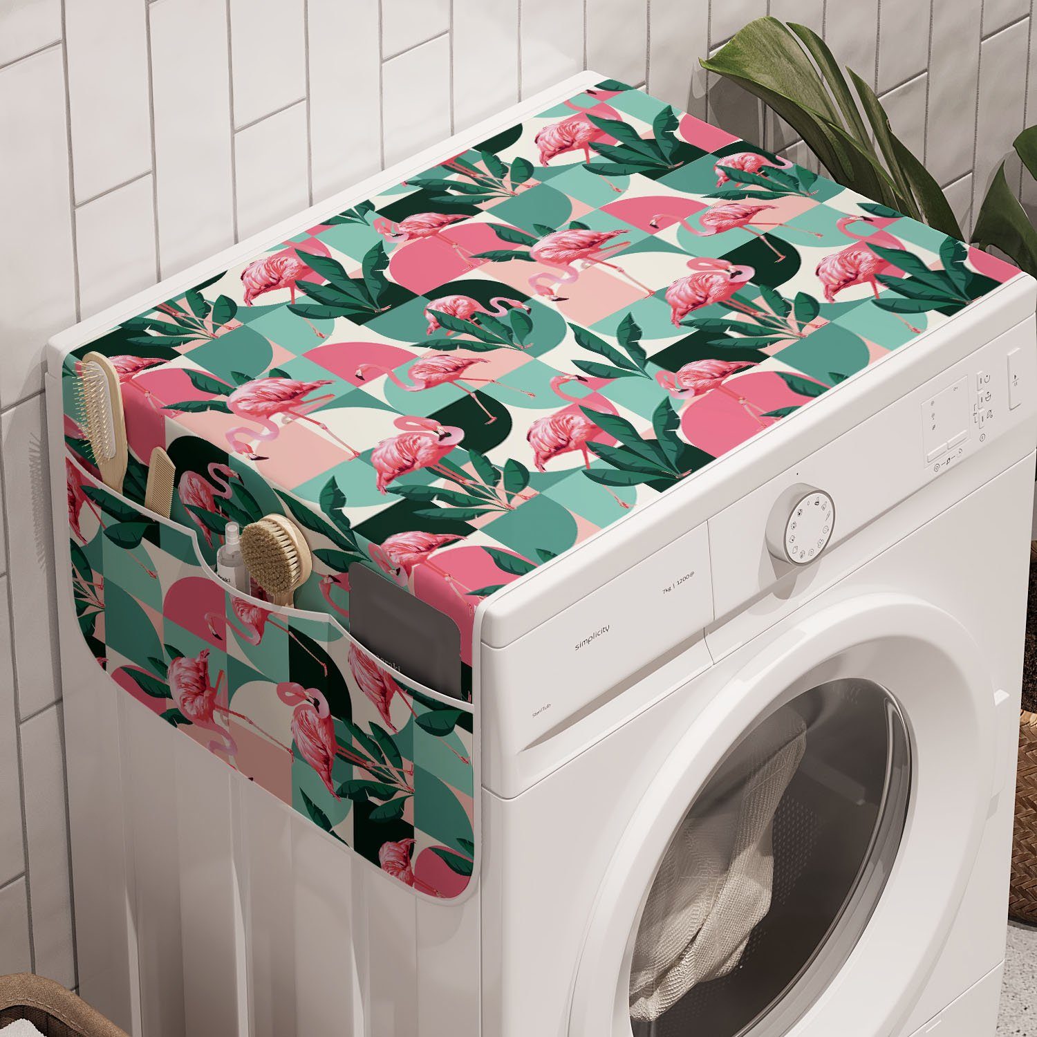 Abakuhaus Badorganizer Anti-Rutsch-Stoffabdeckung für Waschmaschine und Trockner, Flamingo Moderne tropische Vogel-Kunst