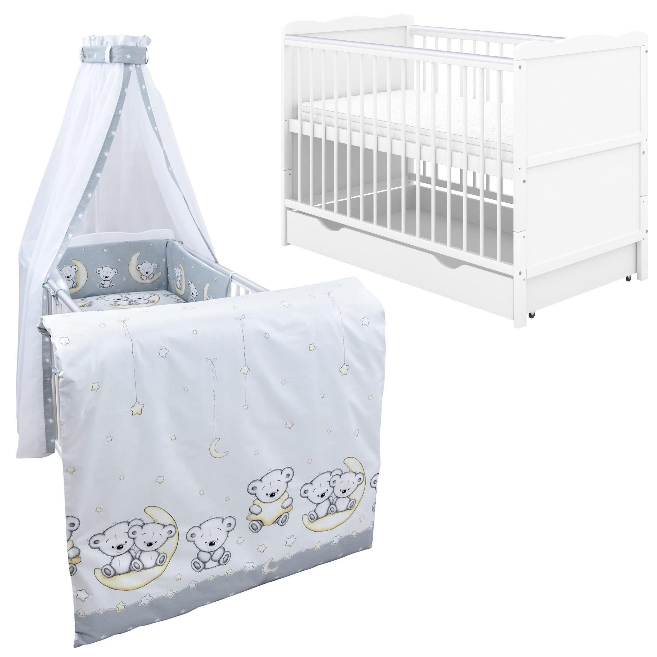Baby-Delux Komplettbett Babybett Jack Schublade Komplettset, 11-tlg., Kinderbett 70x140 cm weiß, Bettset verschiedene Designs