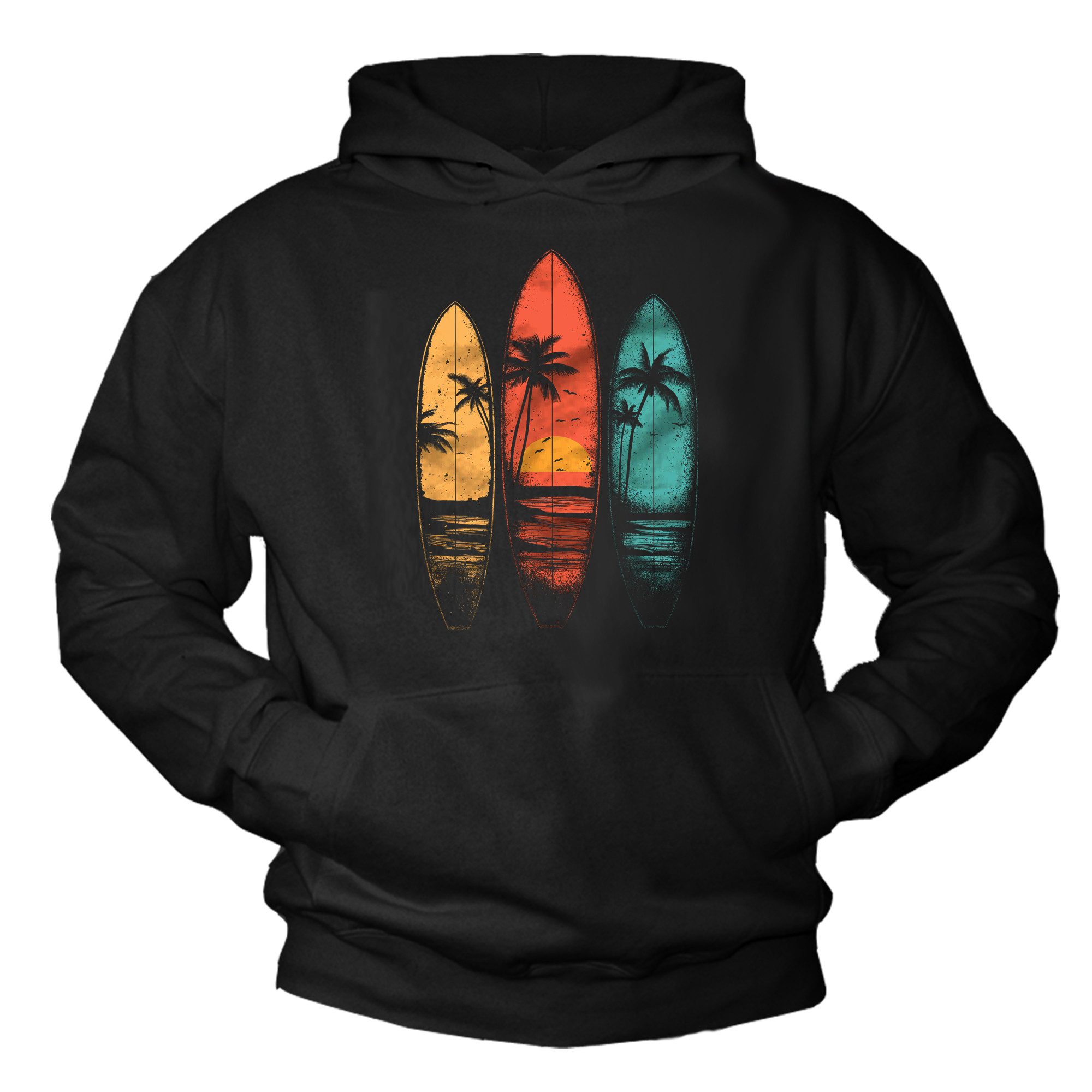 MAKAYA Kapuzenpullover Print Hoodie mit Surfbrett und Palmen – Retro Beach Style Schwarz (Schwarz, S, M, L, XL, XXL, XXXL, XXXXL) Baumwolle