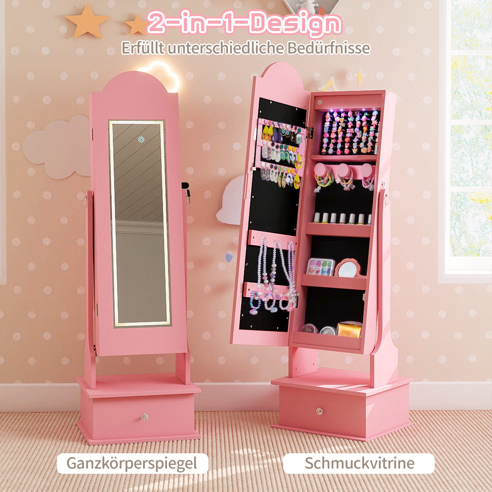 COSTWAY Schmuckschrank Kinder Schmuckkommode mit Beleuchtung & Spiegel