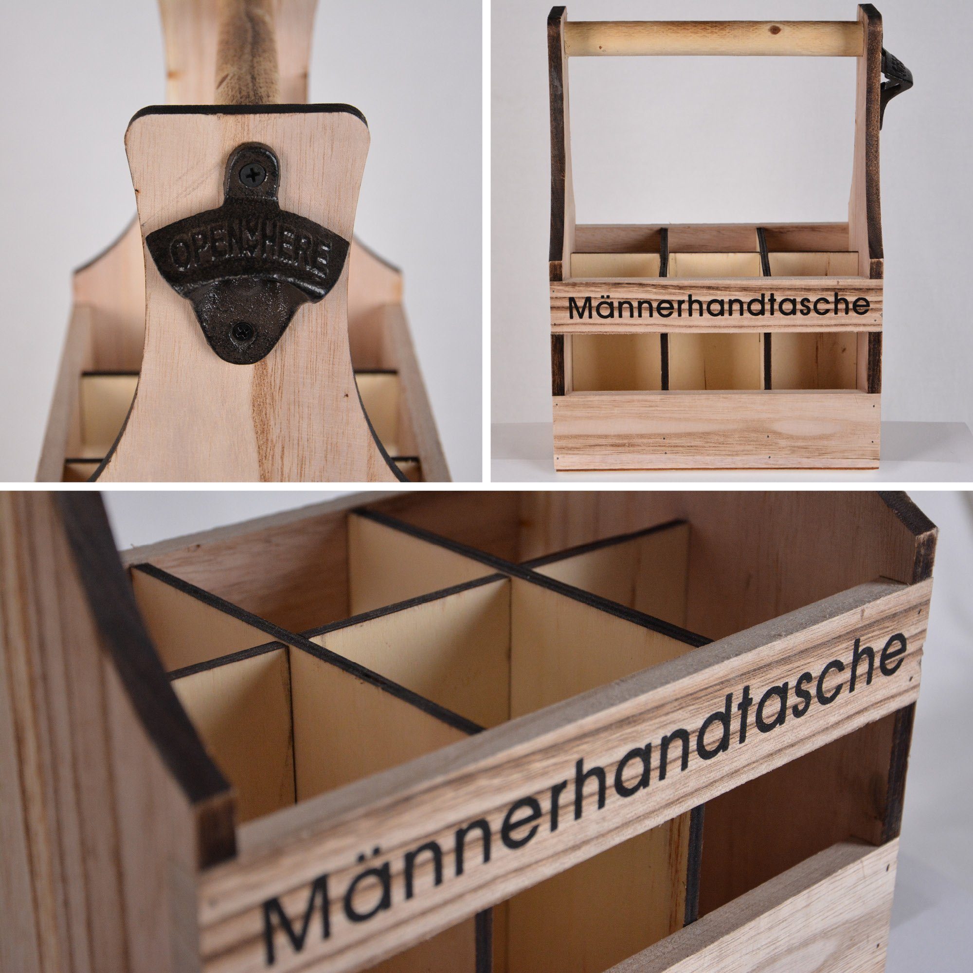 UNUS HOME Flaschenkorb Bierträger Flaschenhalter Biertasche Männerhandtasche, aus Holz mit Flaschenöffner