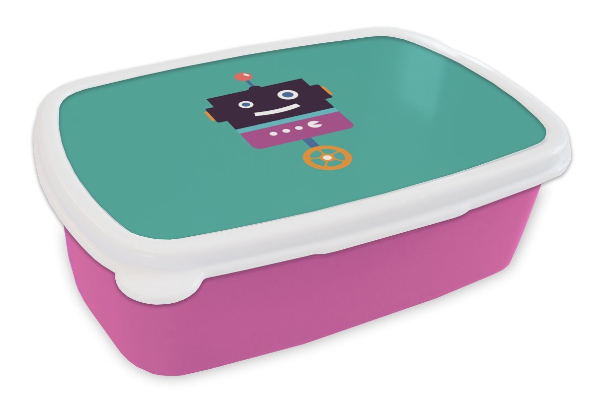 MuchoWow Lunchbox Roboter - Rad - Lila - Grün - Jungen - Kinder, Kunststoff, (2-tlg), Brotbox für Erwachsene, Brotdose Kinder, Snackbox, Mädchen, Kunststoff rosa