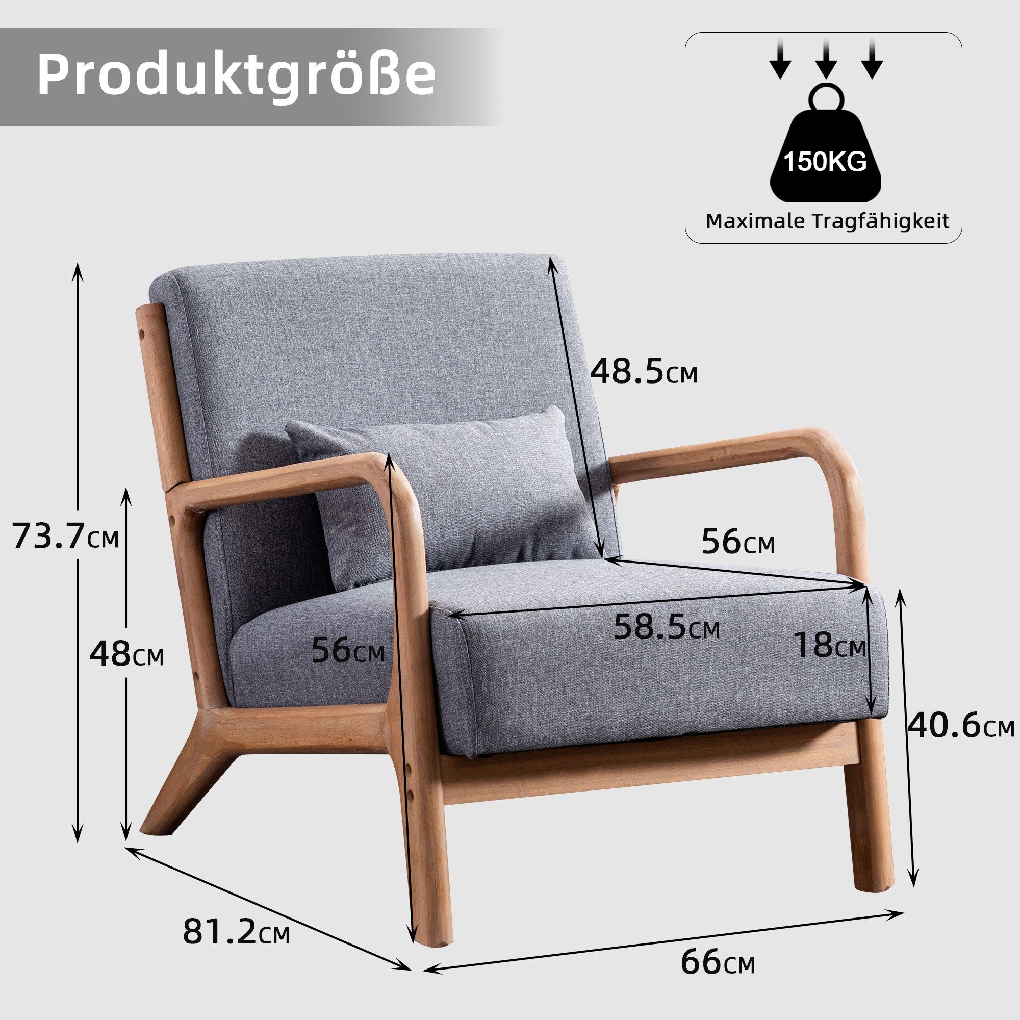 CANMOV Loungesessel Accent Sessel mit Kissen, Loungesessel mit Armlehnen, Armsessel (1-St), Natürliches Holz, Liegestuhl mit Armlehne und Kissen, für Wohnzimmer
