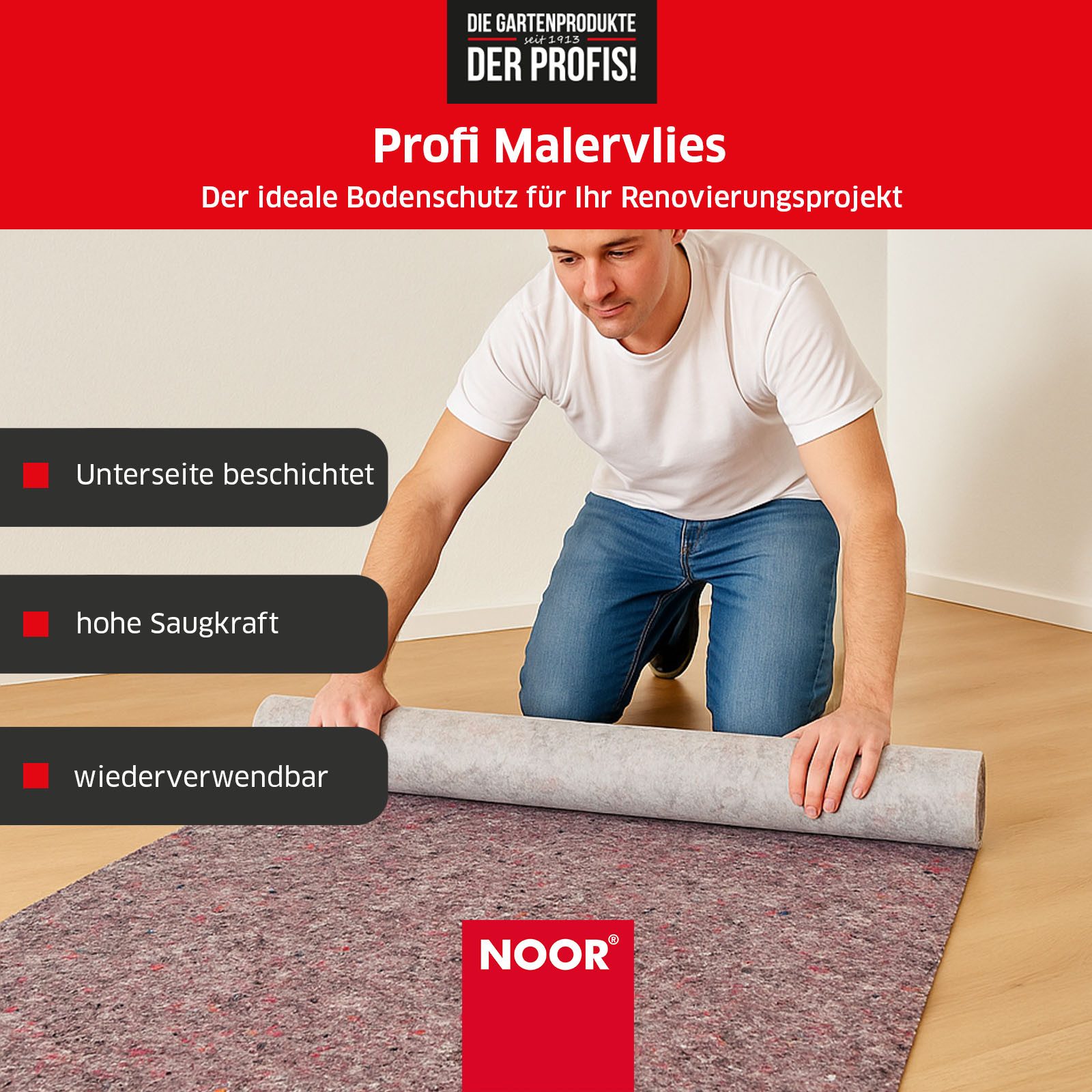 NOOR Malervlies Profi Bauvlies - Boden- und Farbschutz für Renovierung & Bauprojekte, Abdeckvlies - rutschfest & saugstark - in 2 Größen