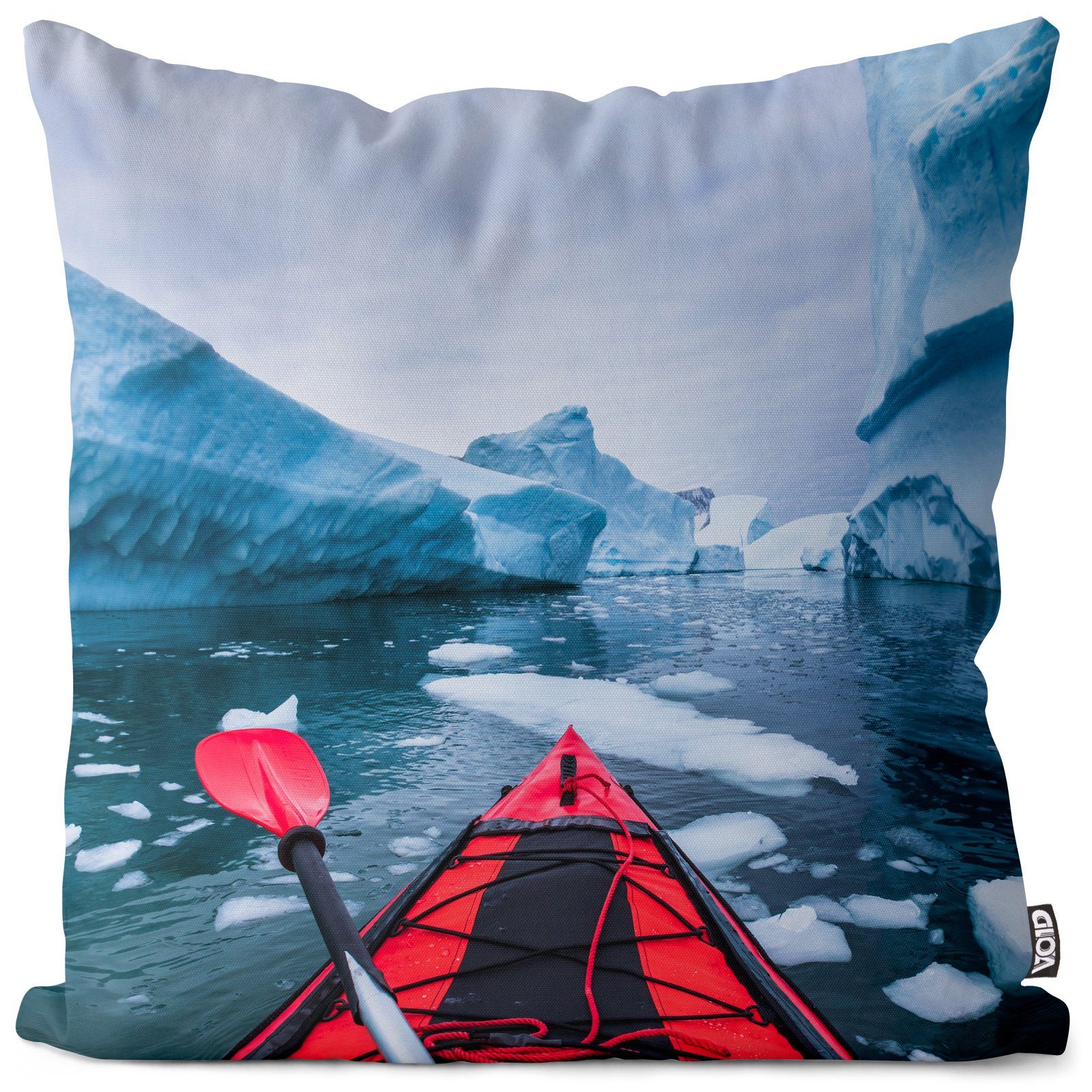 Meer Schnee Urlaub Schlauchboot See Landschaft Stück), Kissenbezug, Boot Winter Sommer Berge Baden Kanu Sofa-Kissen Sport (1 Paddeln Eis VOID Reise Ausflug Fluss