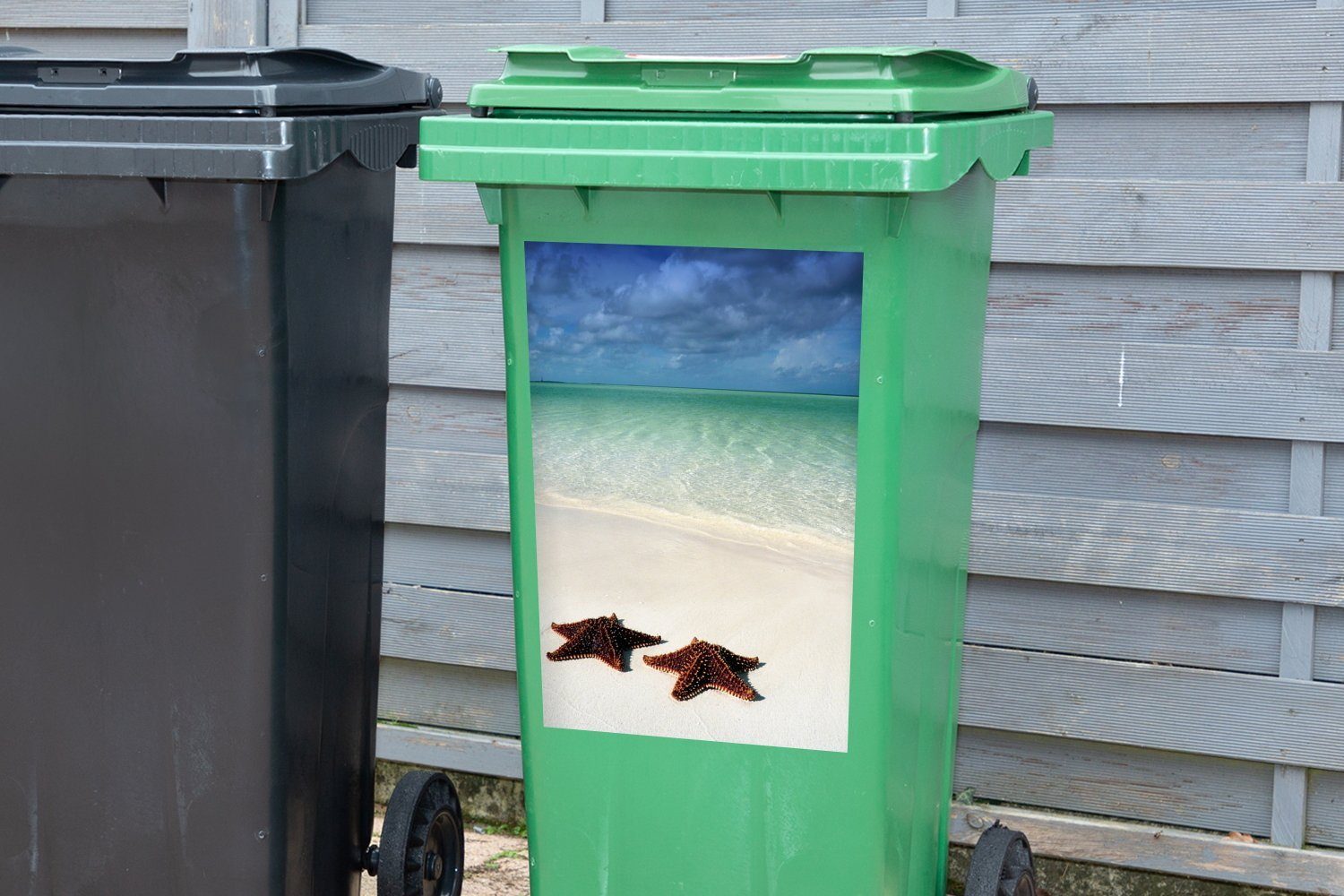 MuchoWow Wandsticker Seestern - Strand (1 Mülleimer-aufkleber, Container, St), Abfalbehälter - Mülltonne, Sticker, Wasser