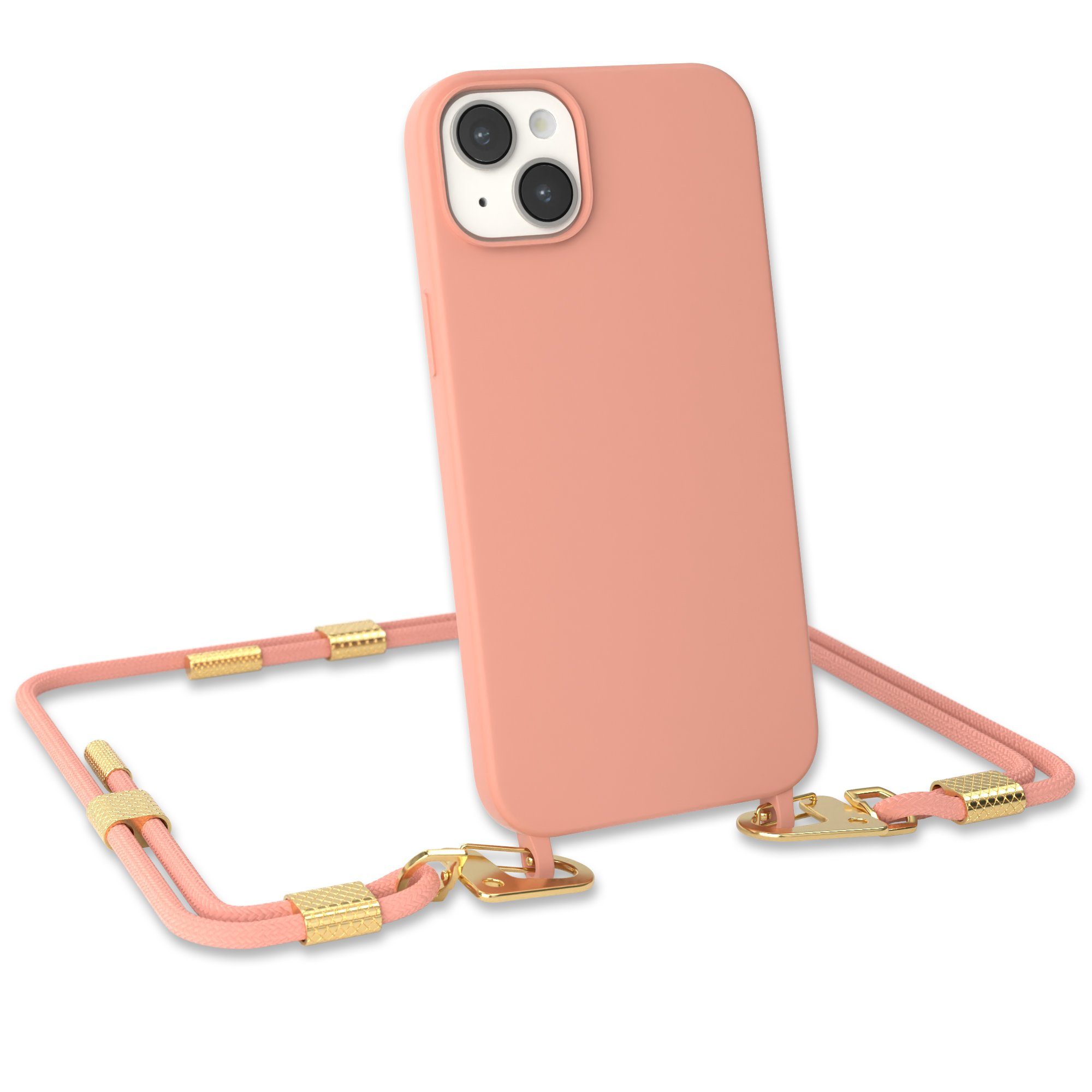 EAZY CASE Handykette Carabiner Chain für Apple iPhone 14 Plus 6,7 Zoll, 2  in 1 Handytasche farbige Silikon Hülle mit Umhängeband Altrosa Coral