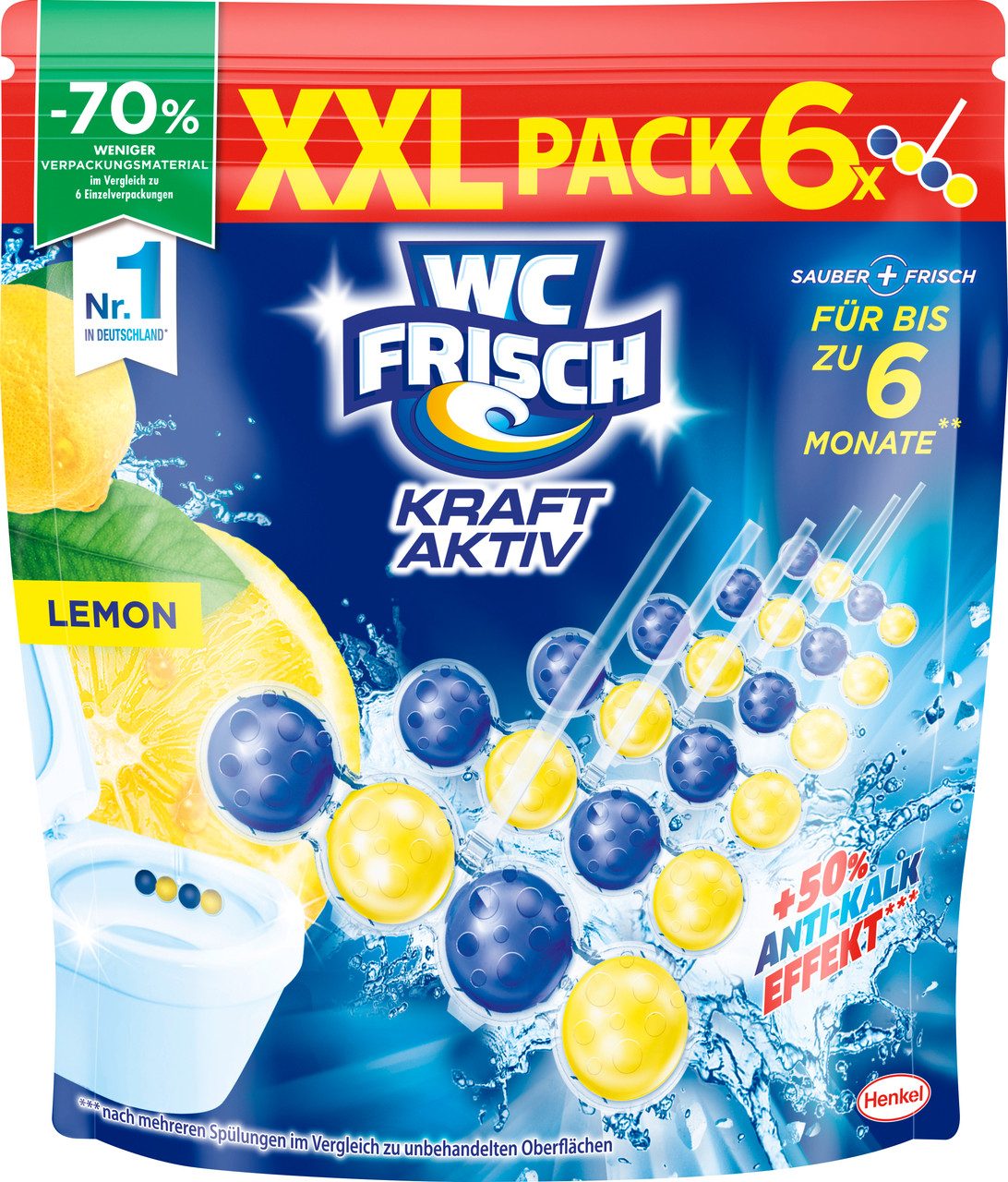 WC Frisch Kraft Aktiv Duftspüler Lemon WC-Reiniger (XXL Spar-Pack, [6-St. 4-fach Aktivstoff-Kombination (6x50g)