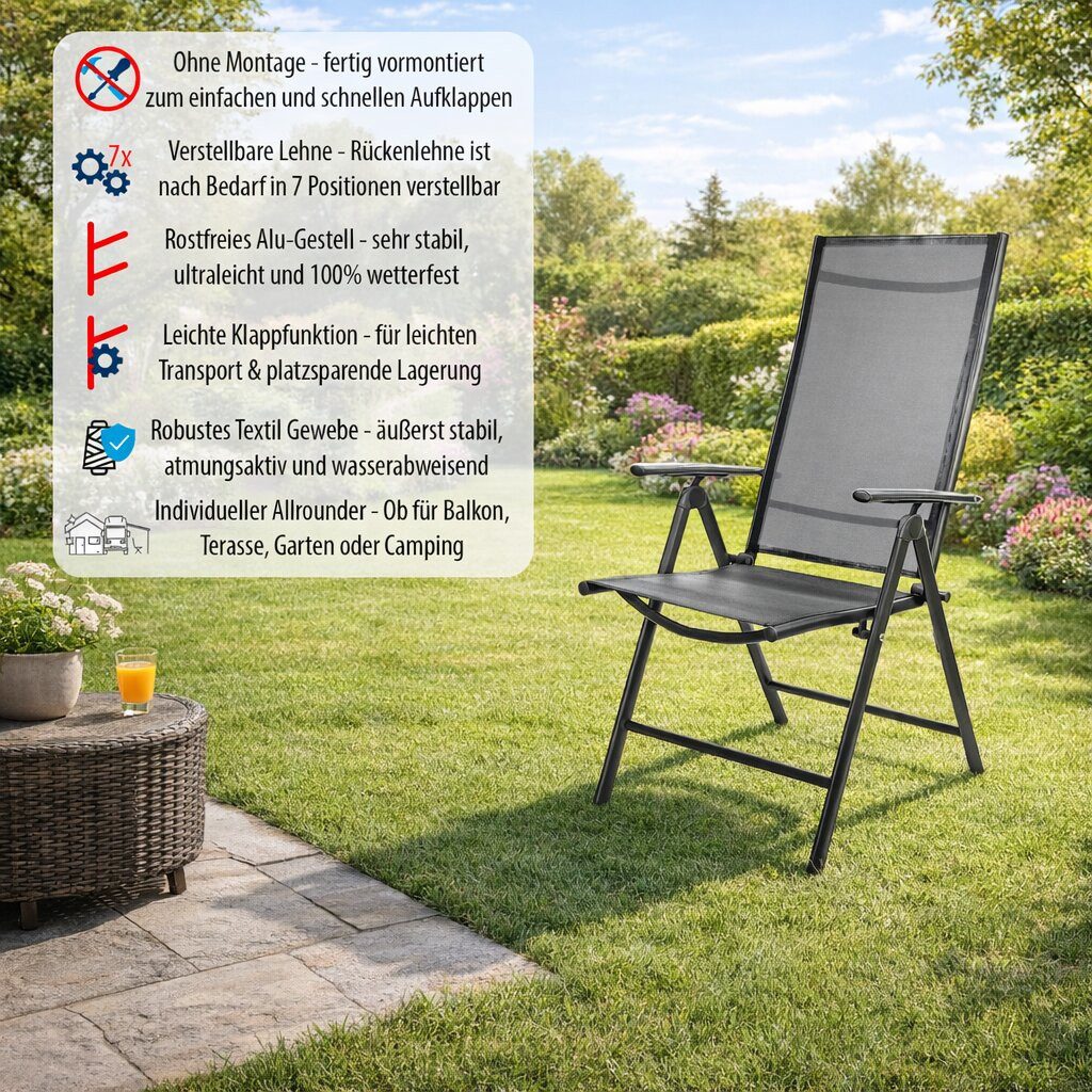 BigDean Klappstuhl Gartenstuhl Hochlehner Set klappbar bis 120kg (Set, 2 St), Vormontiert, 7-Fach verstellbar, Leicht, Platzsparend