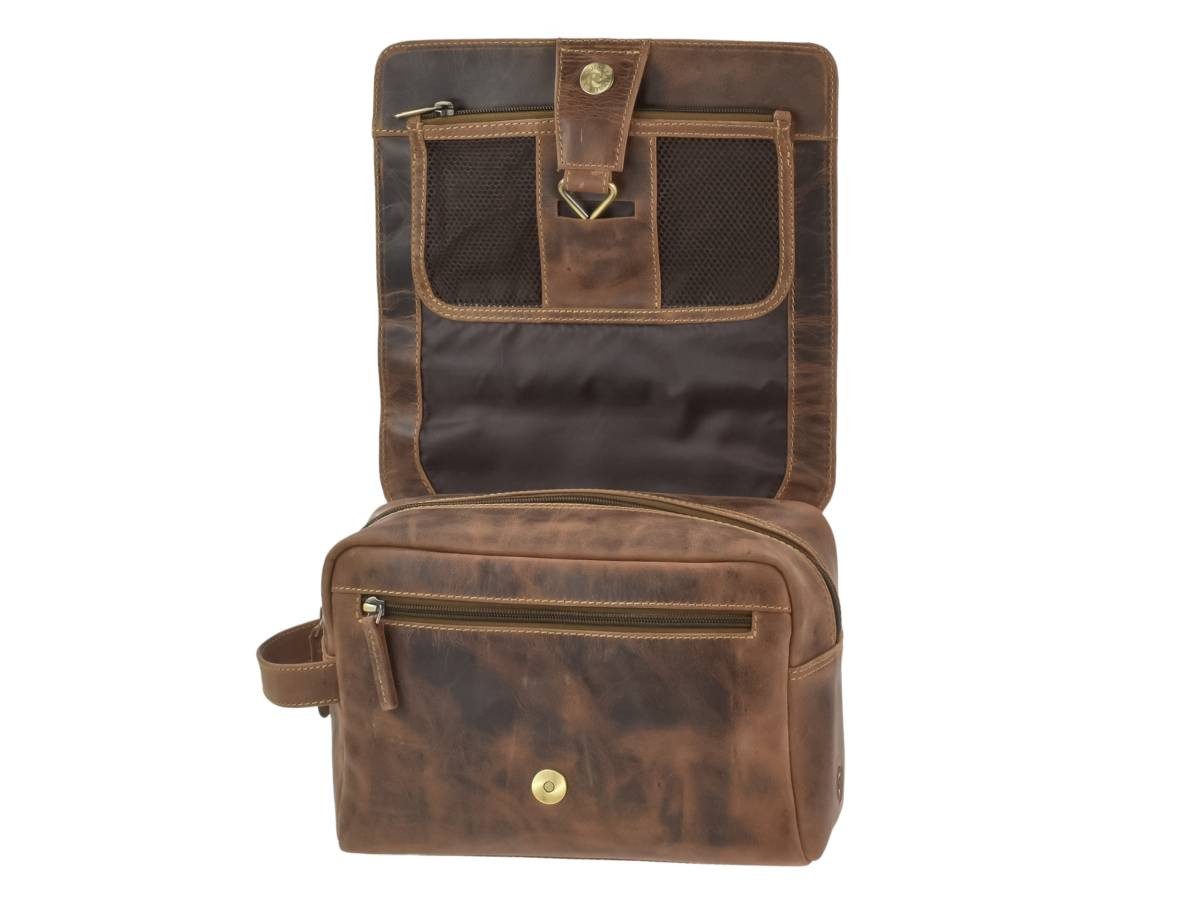 Greenburry Kulturbeutel "Vintage" Leder Kulturtasche zum Aufhängen zum Anhängen antik braun, Kosmetikbeutel, Waschtasche, für Damen und Herren, braun