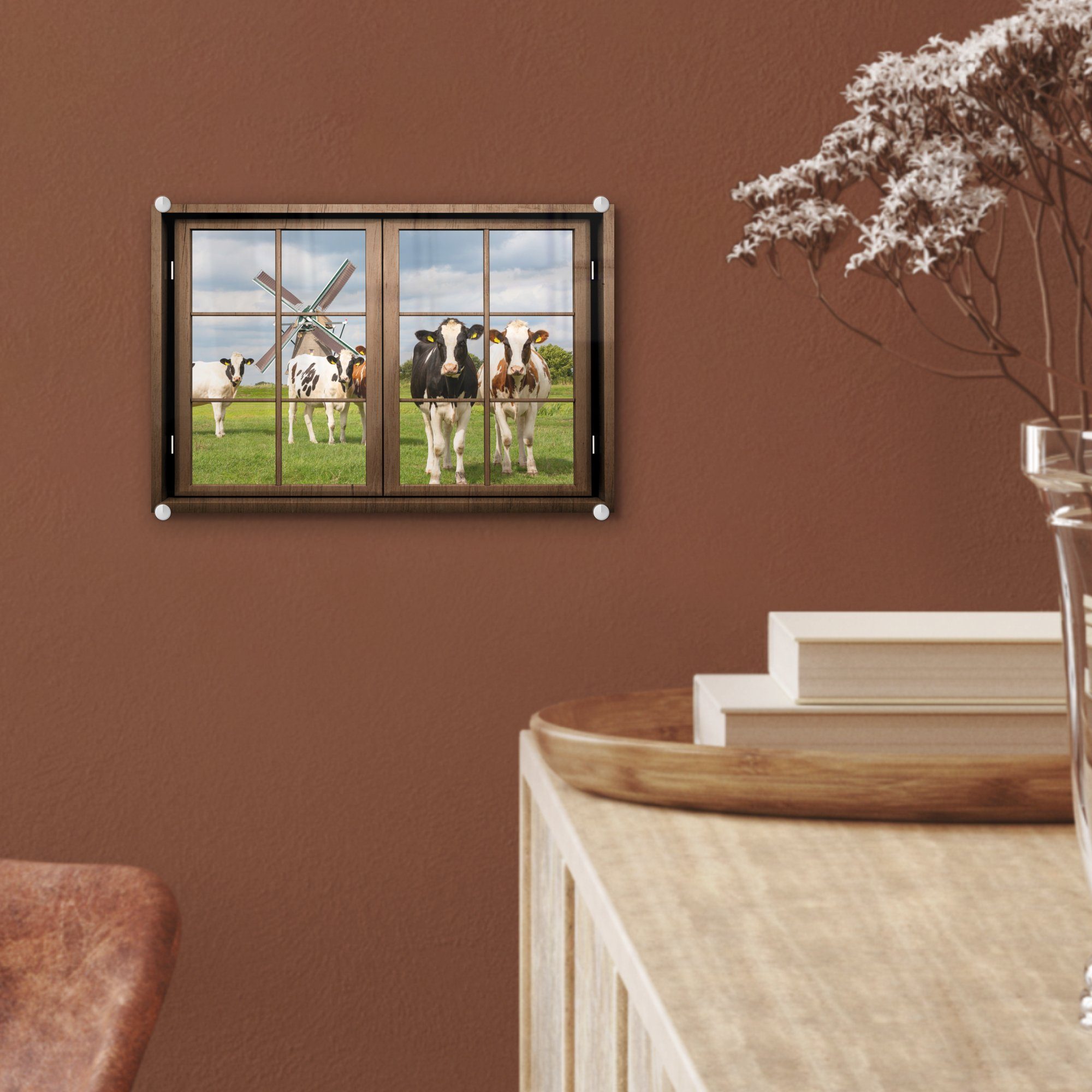MuchoWow Acrylglasbild Ansicht - Mühle Kuh, Glas Bilder auf (1 Glas - Wanddekoration Wandbild Glasbilder - St), - - Foto auf