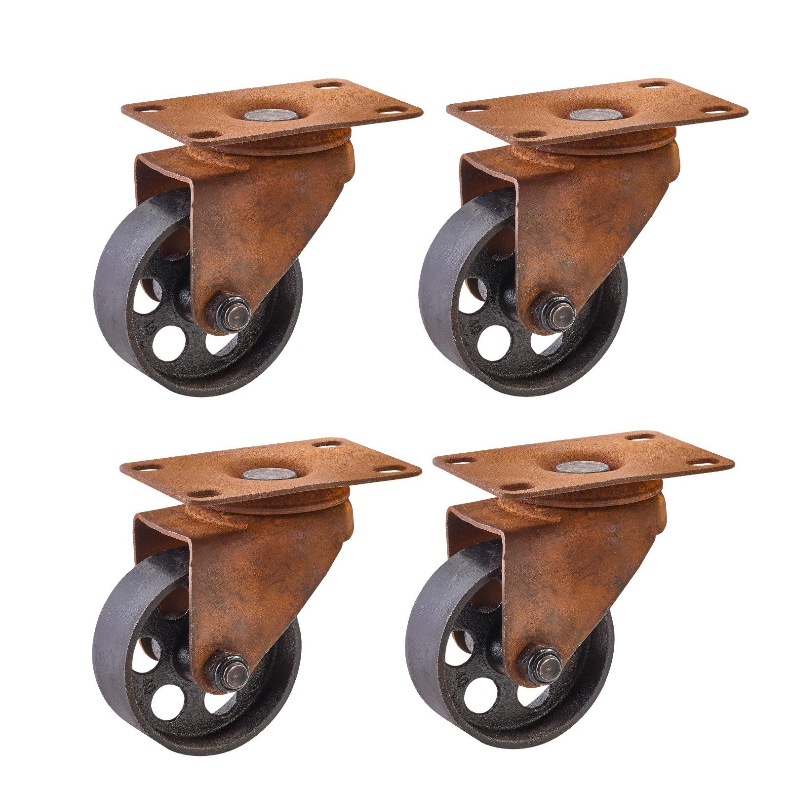 SO-TECH® Möbelrolle ROSTOCK Ø 70 mm Antik Rostoptik, 360° drehbar, ohne Bremse, (4-St., Spar-Set), Stahl, Höhe 97 mm, Breite 58 mm, bis 25 kg Tragkraft / Rolle