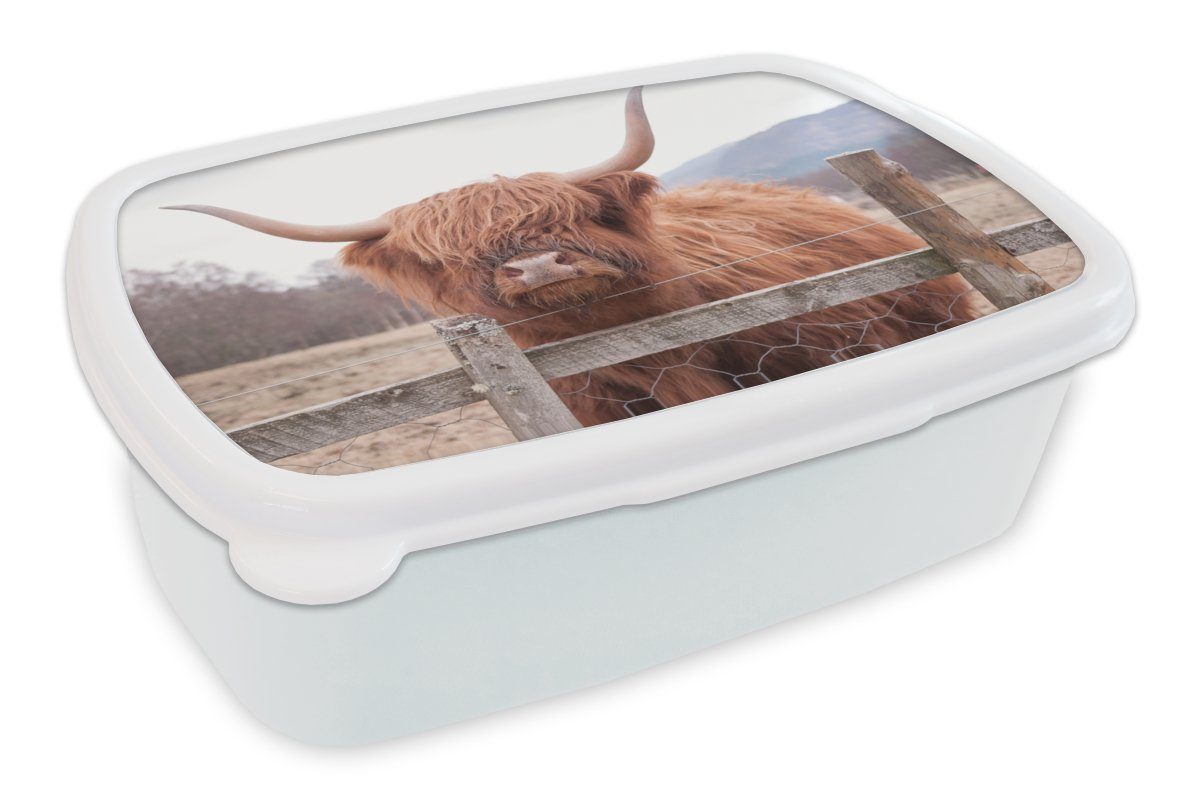 MuchoWow Lunchbox Scottish Highlander - Gras - Zaun, Kunststoff, (2-tlg), Brotbox für Kinder und Erwachsene, Brotdose, für Jungs und Mädchen weiß