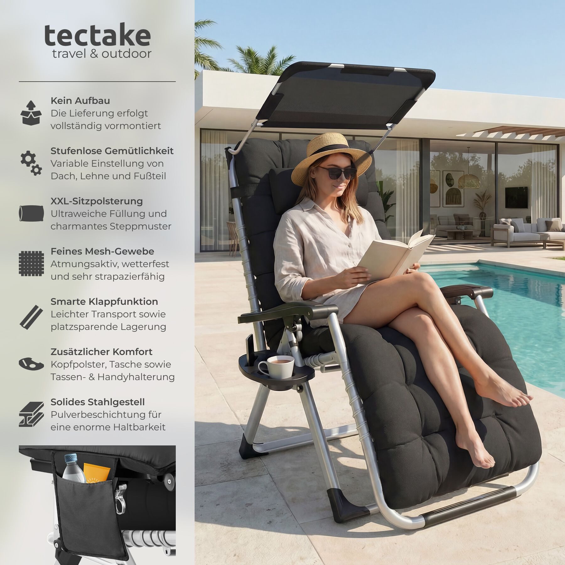 tectake Gartenstuhl Sonnenliege, klappbar, rutschfest, inkl. Ablagetisch und Stautasche (Terrassenstuhl Cloud II für Außen in Schwarz, 1 St), Belastbarkeit 200 kg, Sitz-, Arm- und Kopfpolster, mit Sonnendach