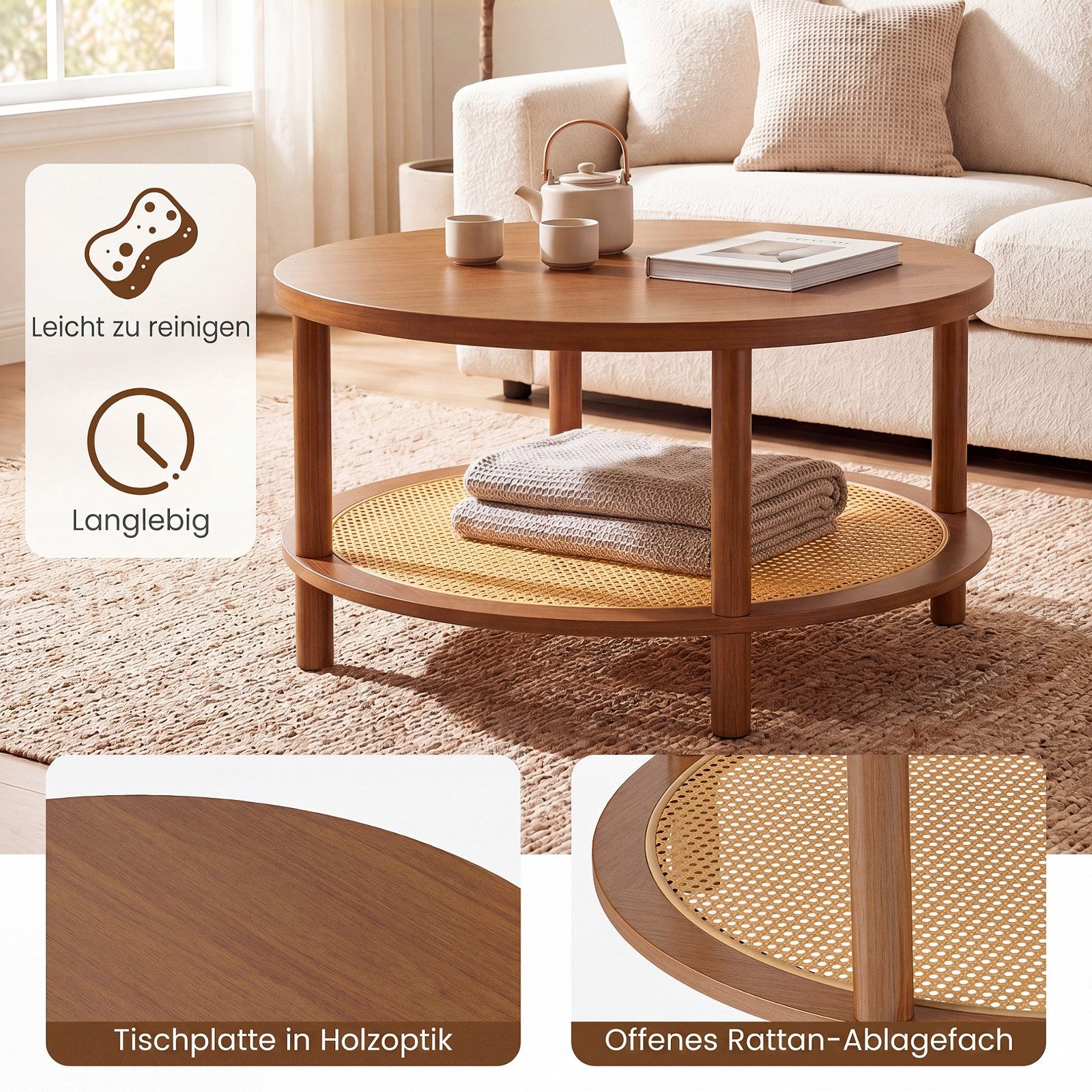 COSTWAY Couchtisch, rund Wohnzimmertisch Holz mit Rattan-Ablage 80x80x45cm