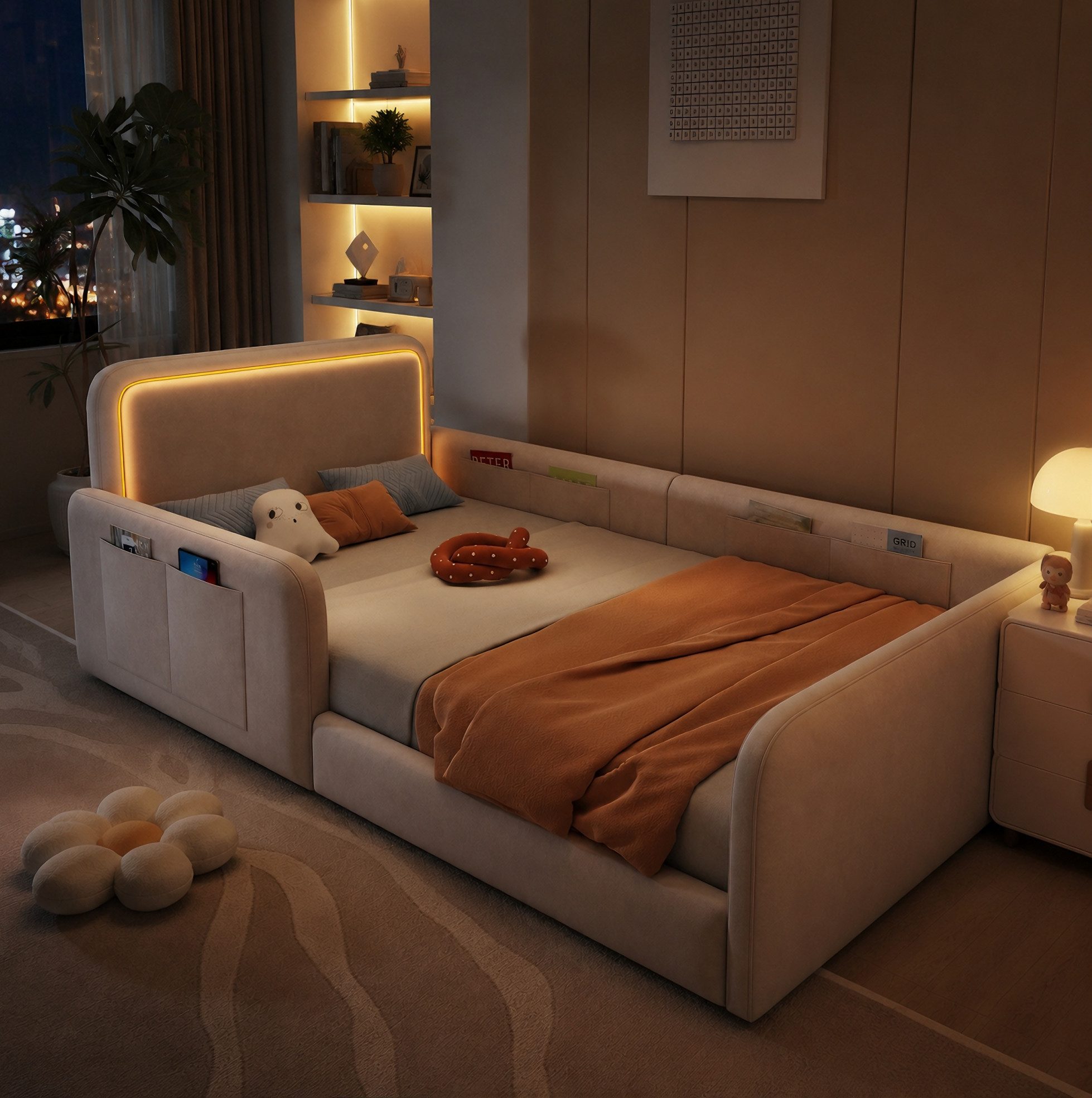 MODFU Polsterbett Jugendbett mit LED-Kopfteilbeleuchtung (90 x 200 cm, Kinderbett mit LED-Lichtleiste und App-Steuerung, Seitentaschen, Einzelbett), Inklusive Matratze