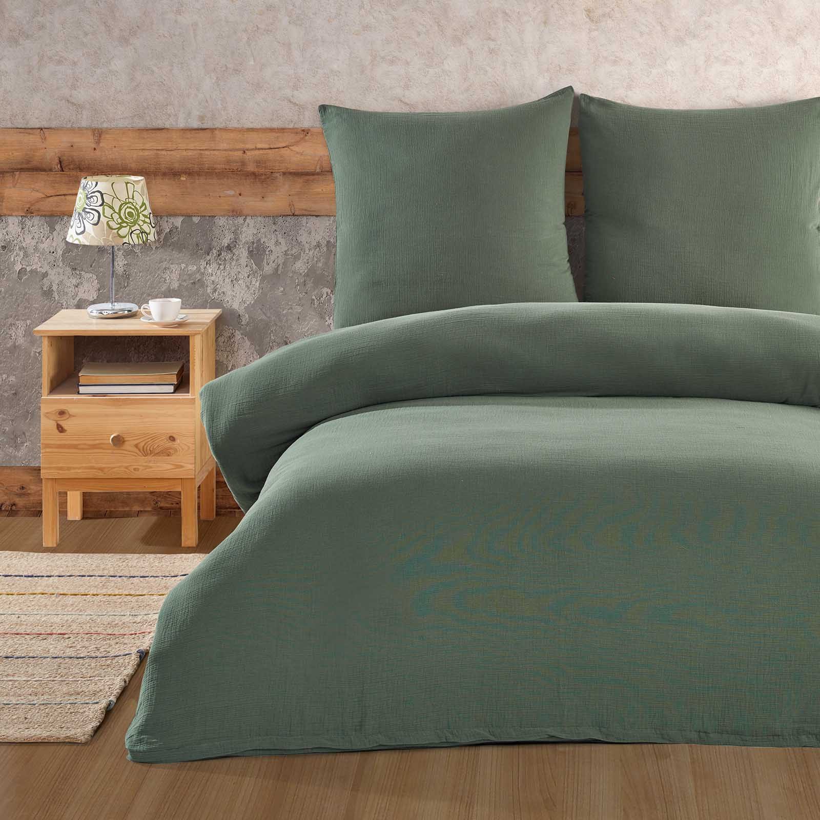Bettwäsche Luxury, Buymax, Musselin 100% Baumwolle, 3 teilig, 200x220 cm, Bettbezug Set, Uni einfarbig, mit Reißverschluss, Grün