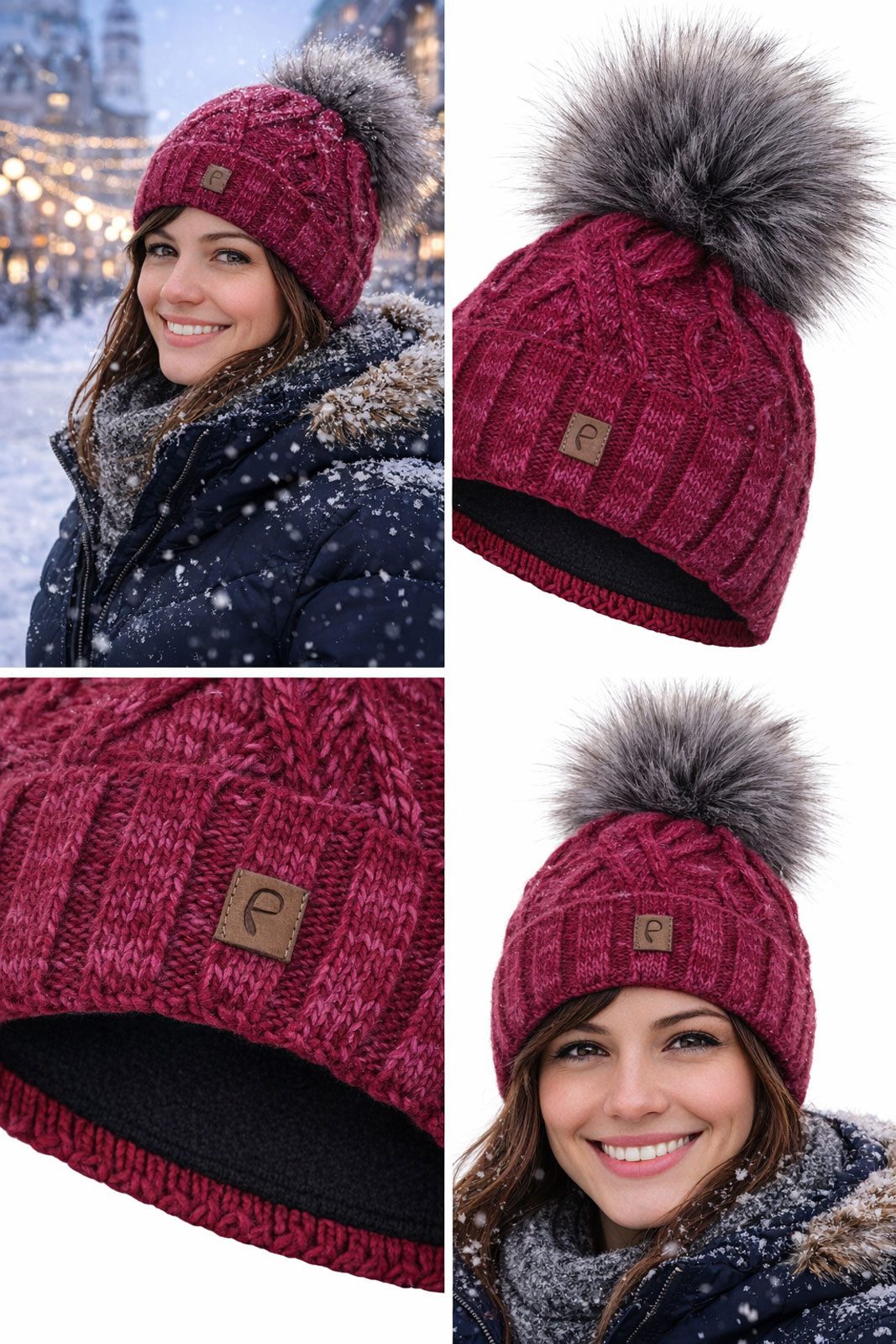 Faera Bommelmütze Wintermütze Damen Herren Mütze Beanie Haube gefüttert Bommelmütze