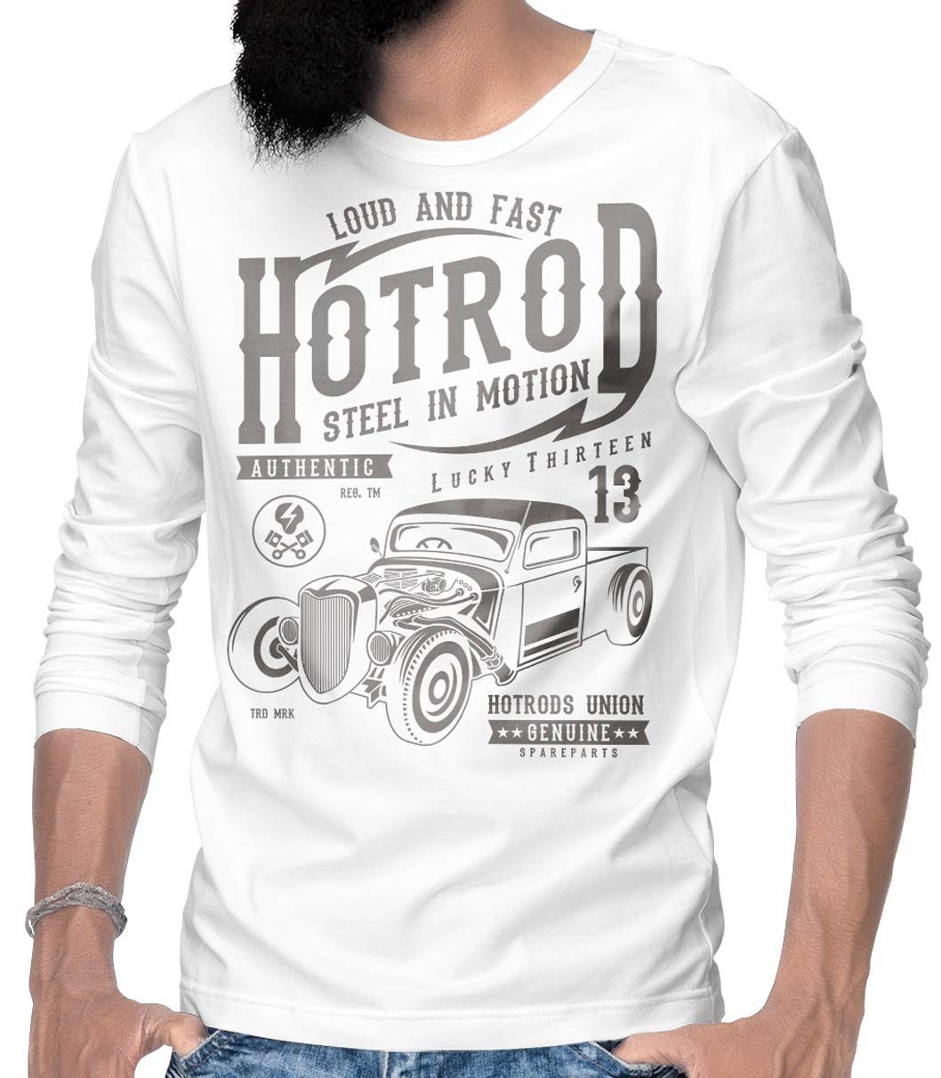 Hotrod T-Shirt Herren Weiß Longsleeve Hotrod Wheels / Tee Rebel Langarm Custom Motiv US-Car Longsleeve On Steel mit