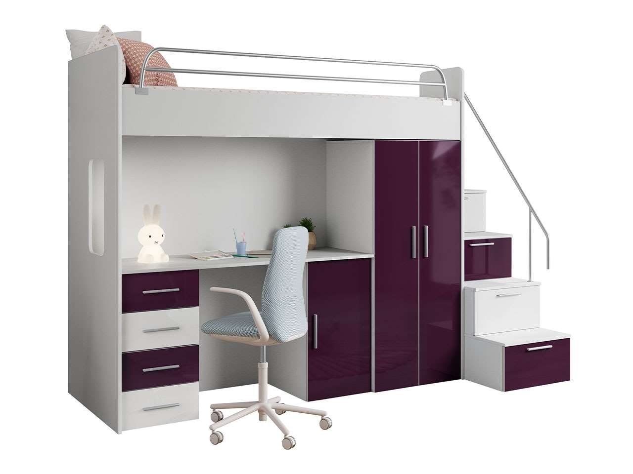 Jugendmöbelset Schließfächern), (Bett, mit Schrank Etagenbett, Schreibtisch, Kleiderschrank, Treppe MÖBEL 4S Violett und EDEN Schreibtisch MKS mit Jugendbett