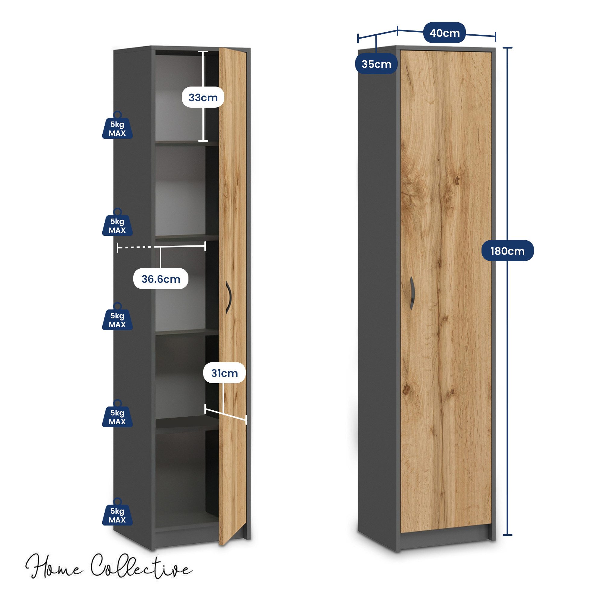 Home Collective Aktenschrank Bücherregal Mehrzweckschrank Schrank Kleiderschrank mit Einlegeböden (Garderobenschrank Regal für Schlafzimmer Flur Keller Büro) Einlegeböden verstellbar 40x35x180cm (BxTxH), anthrazit-eiche