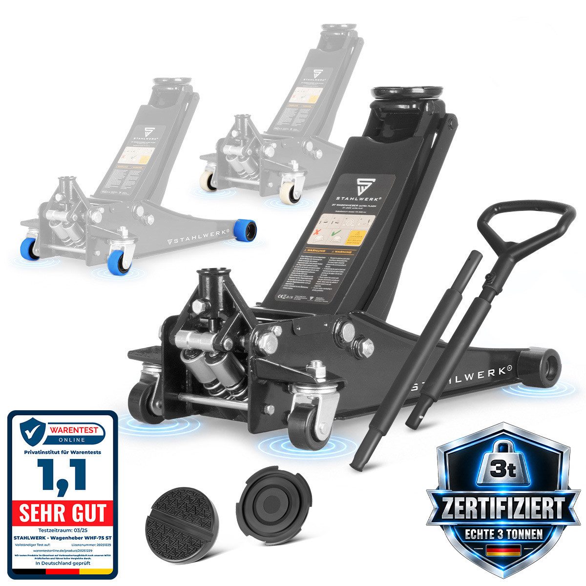 STAHLWERK Wagenheber Hydraulisch mit 3 t Tragkraft – extra flach, 73-500 mm Hubbereich, Set, 2-tlg., Set, äußerst geringe Geräuschemissionen