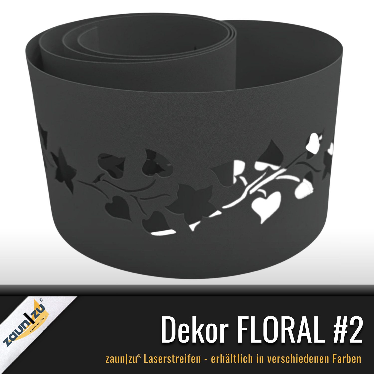 zaunzu Sichtschutzstreifen PREMIUM Dekor Floral #2 Sichtschutz Enzianblau 2,55m, (1x Einzelstreifen, Lasermuster für Deinen Doppelstabmattenzaun Laserstreifen), 5 Jahre garantierte Farbechtheit, UV-beständig