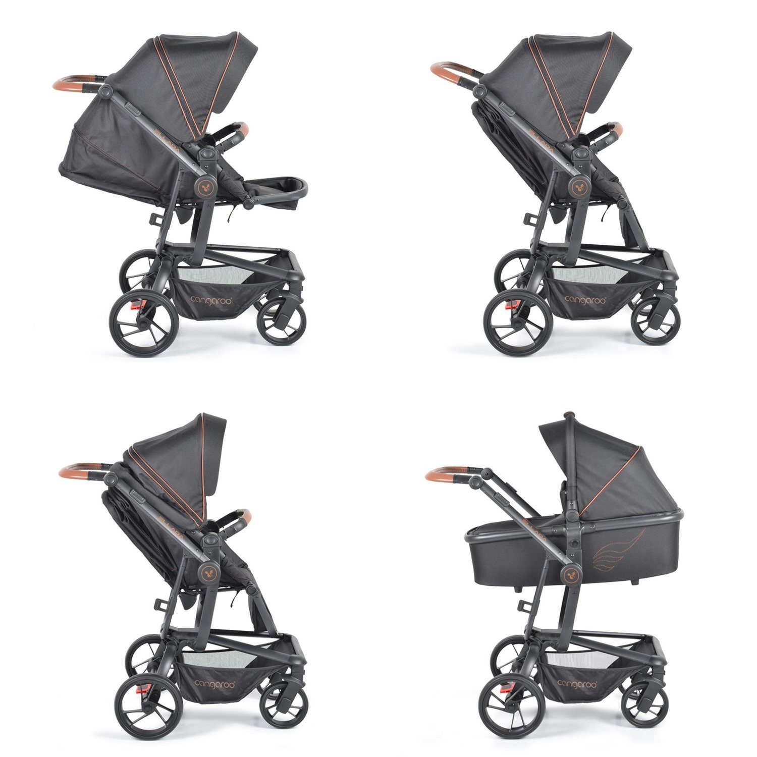 Kinderwagen Babyschale, Babywanne, 3 Sportsitz, in klappbar Kombi-Kinderwagen schwarz 1, Cangaroo Ellada