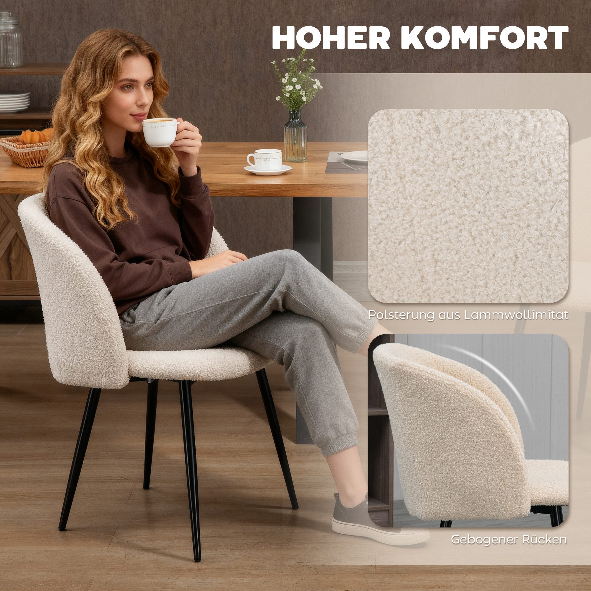 HOMCOM Esszimmerstuhl Küchenstuhl mit Rückenlehne, Lammwoll-Optik, modern Polsterstuhl (2er Set Esszimmerstühle, 2 St), Stühle für Esstisch Esszimmer, Cremeweiß – Bild 5 von 5