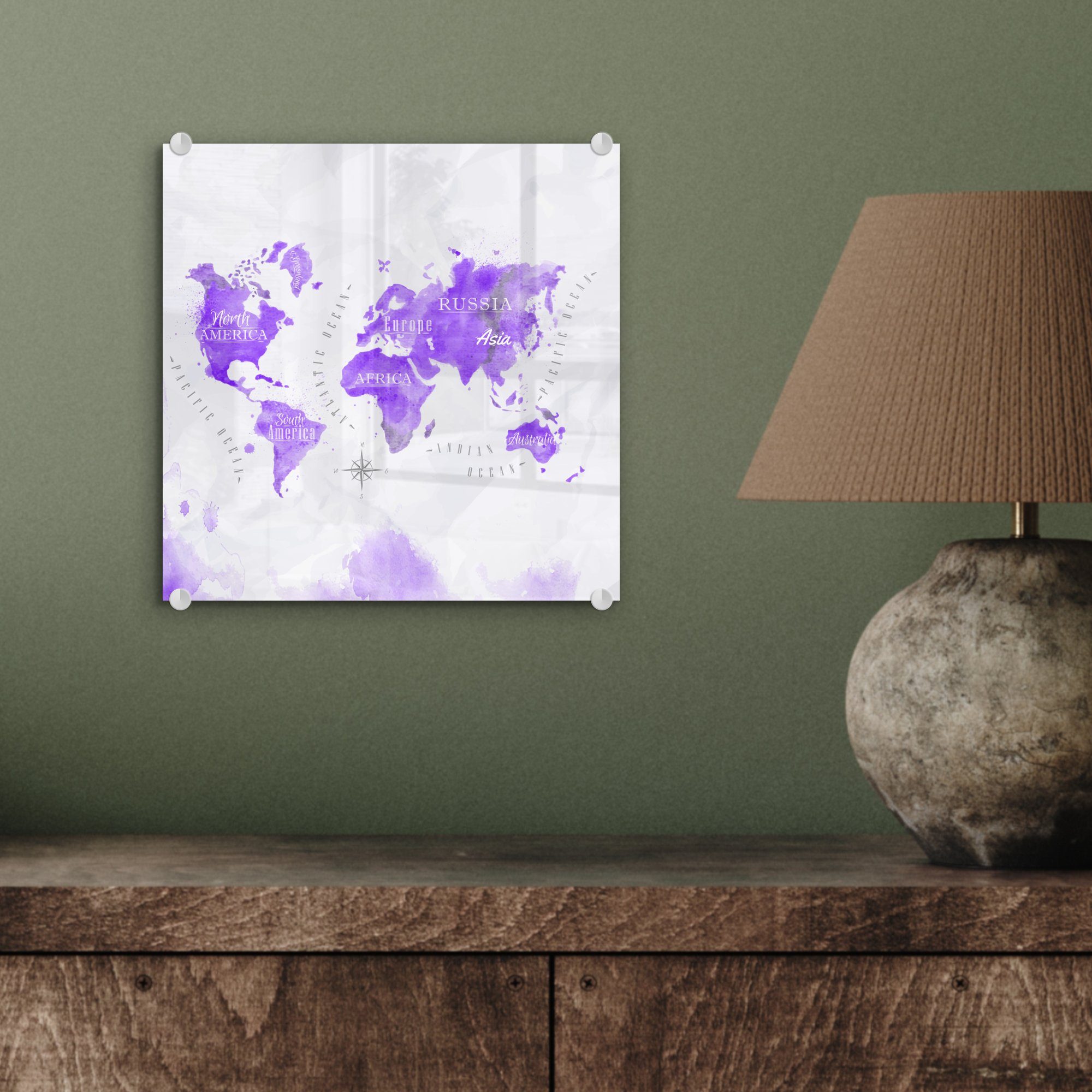 Foto Violett, Glasbilder - Weltkarten - - MuchoWow - Ölfarbe Glas Bilder Acrylglasbild (1 auf Wandbild Wanddekoration St), auf Glas -