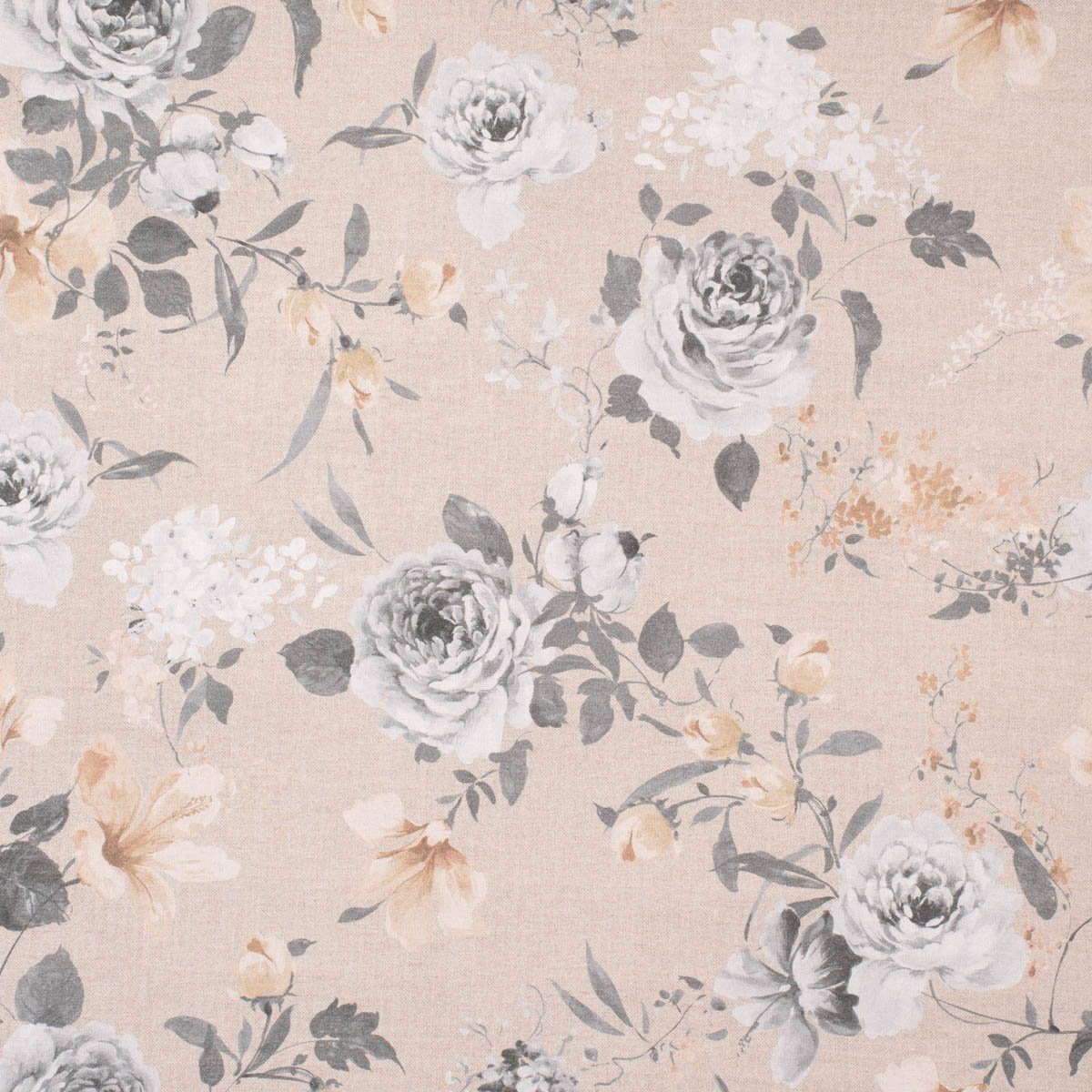 SCHÖNER LEBEN. Stoff Dekostoff Meterware Leinenoptik Romantic Flower Rosen beige grau 140cm, Digitaldruck
