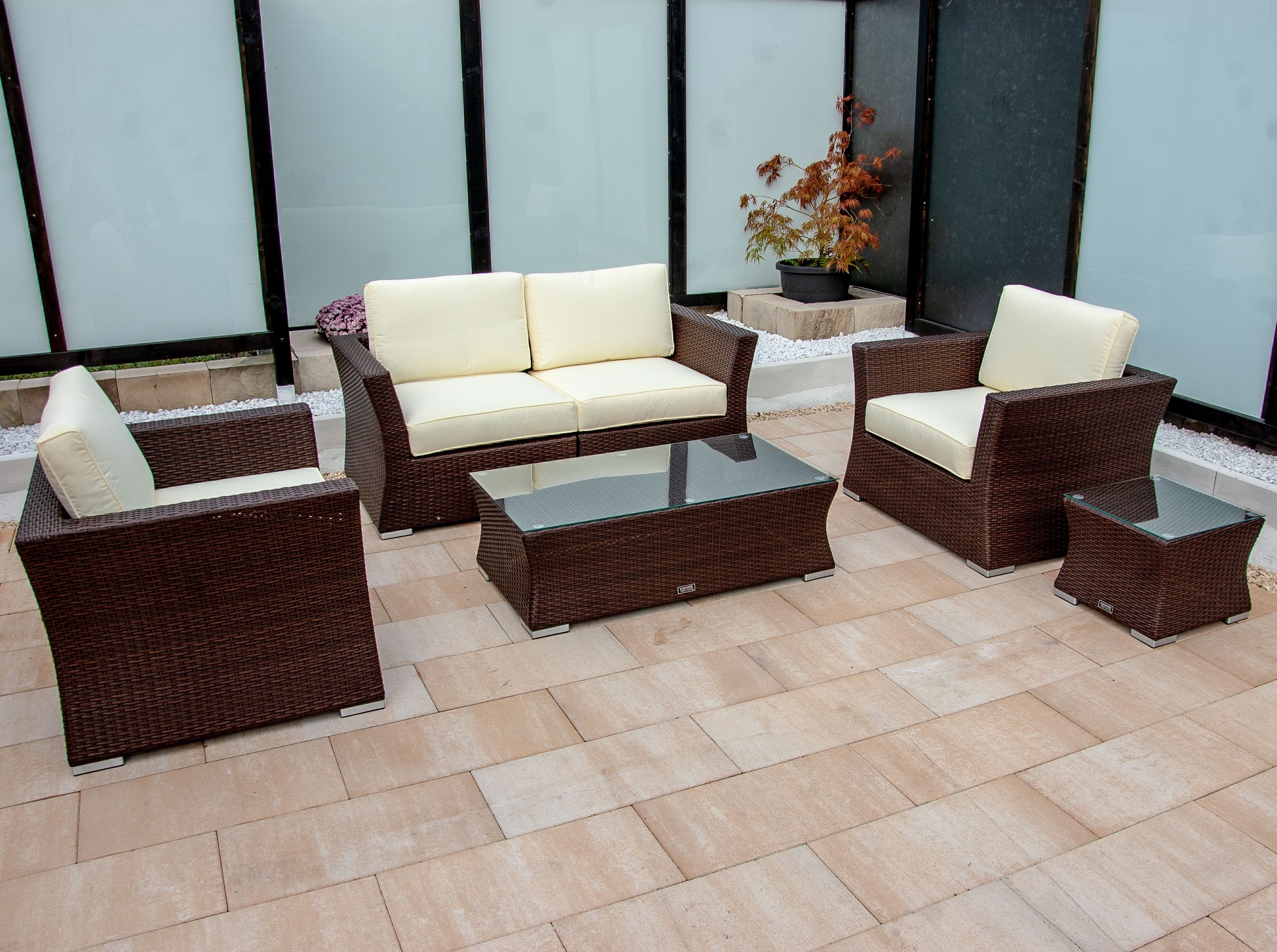 Ragnarök Möbel-Design Gartenlounge-Set Lounge Set Isfjord, (Set, Polyrattan, Alu), 1x Zweisitzer Sofa, 1 kl. & 1 gr. Beistelltisch, 2x Sessel