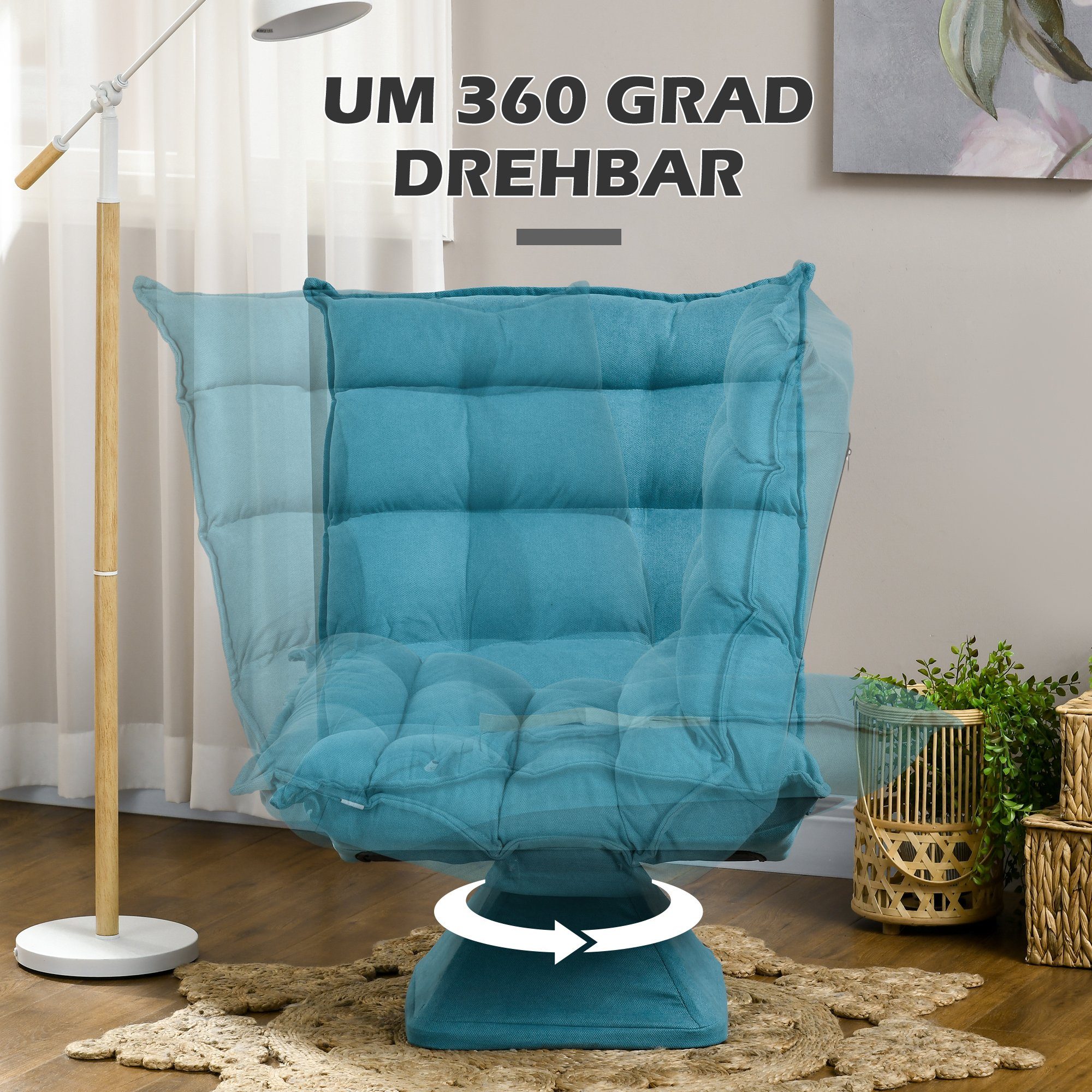 HOMCOM Relaxsessel Drehbarer Meditationsstuhl mit verstellbarer Rückenlehne, Sockel (Bodensofa, 1-St., Bodenstuhl), Lazy Sofa für Wohnzimmer, Büro, Blau – Bild 5 von 5