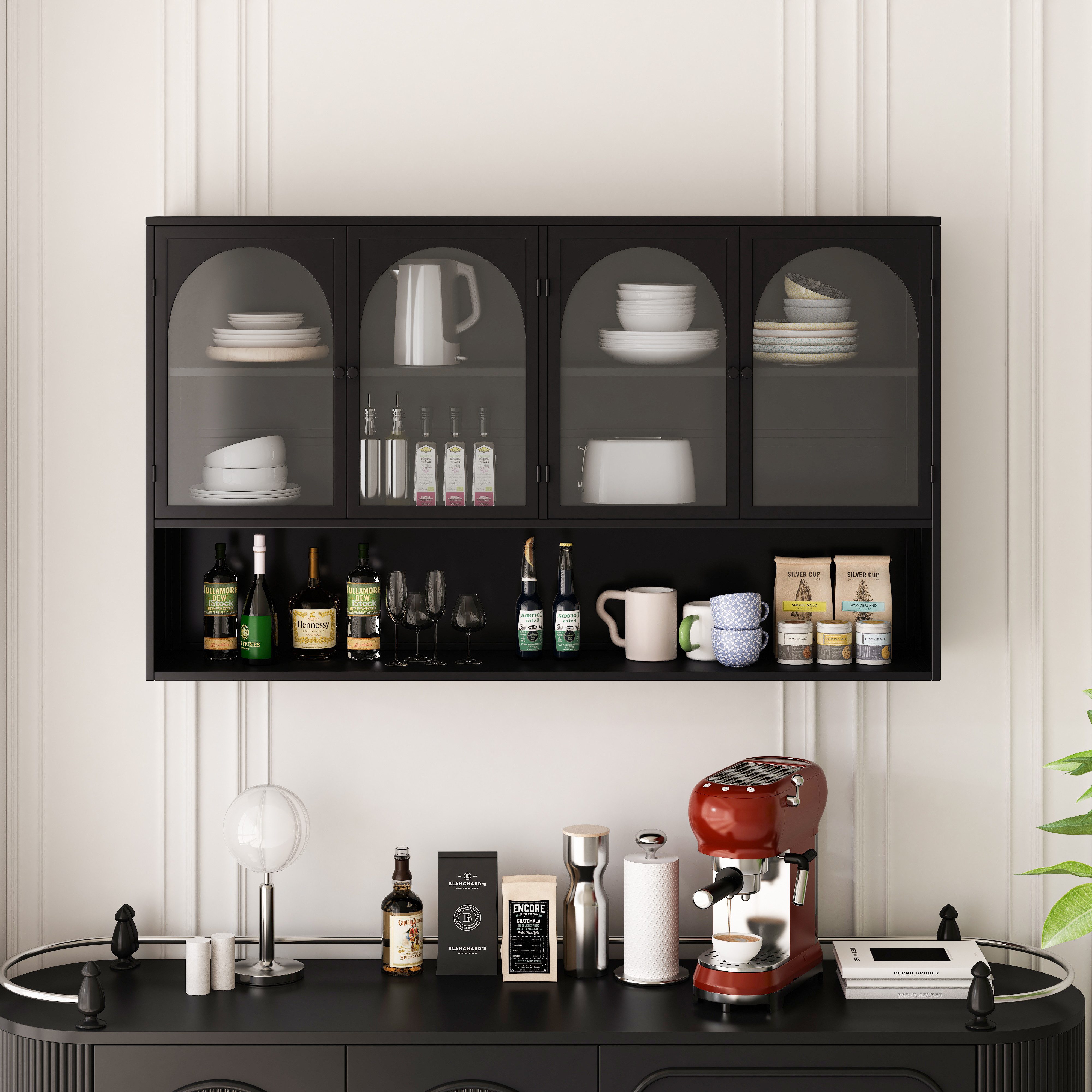 Celya Wandhängeschrank 120 cm vier Türen Glas Wandschrank Aufbewahrung, Wandmontage, geeignet für Küche, Wohnzimmer, Badezimmer, Schwarz