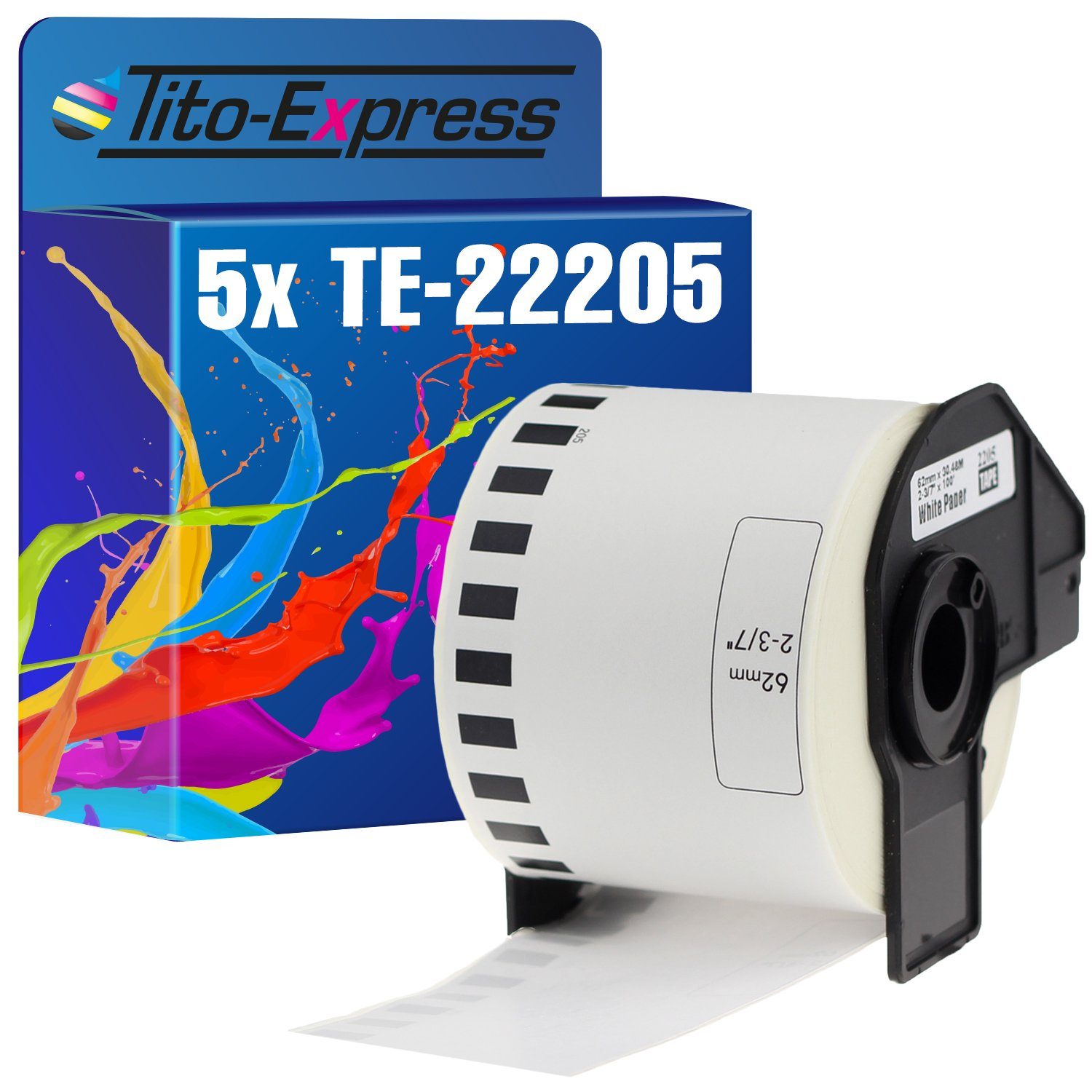 Tito-Express PlatinumSerie Beschriftungsband 5er Set ersetzt Brother P-Touch DK-22205 Endlos-Etiketten 62mm x 30,48m | Beschriftungsbänder