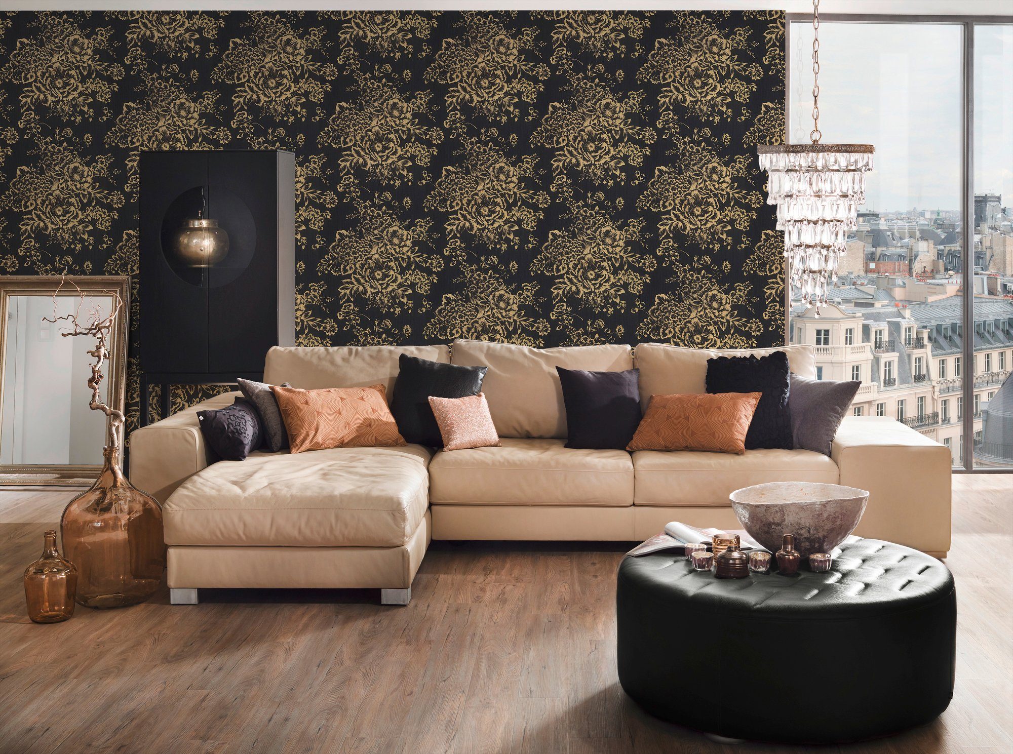 Architects Paper Textiltapete Metallic floral, Silk, glänzend, samtig, Tapete gold/schwarz Blumen Barocktapete matt