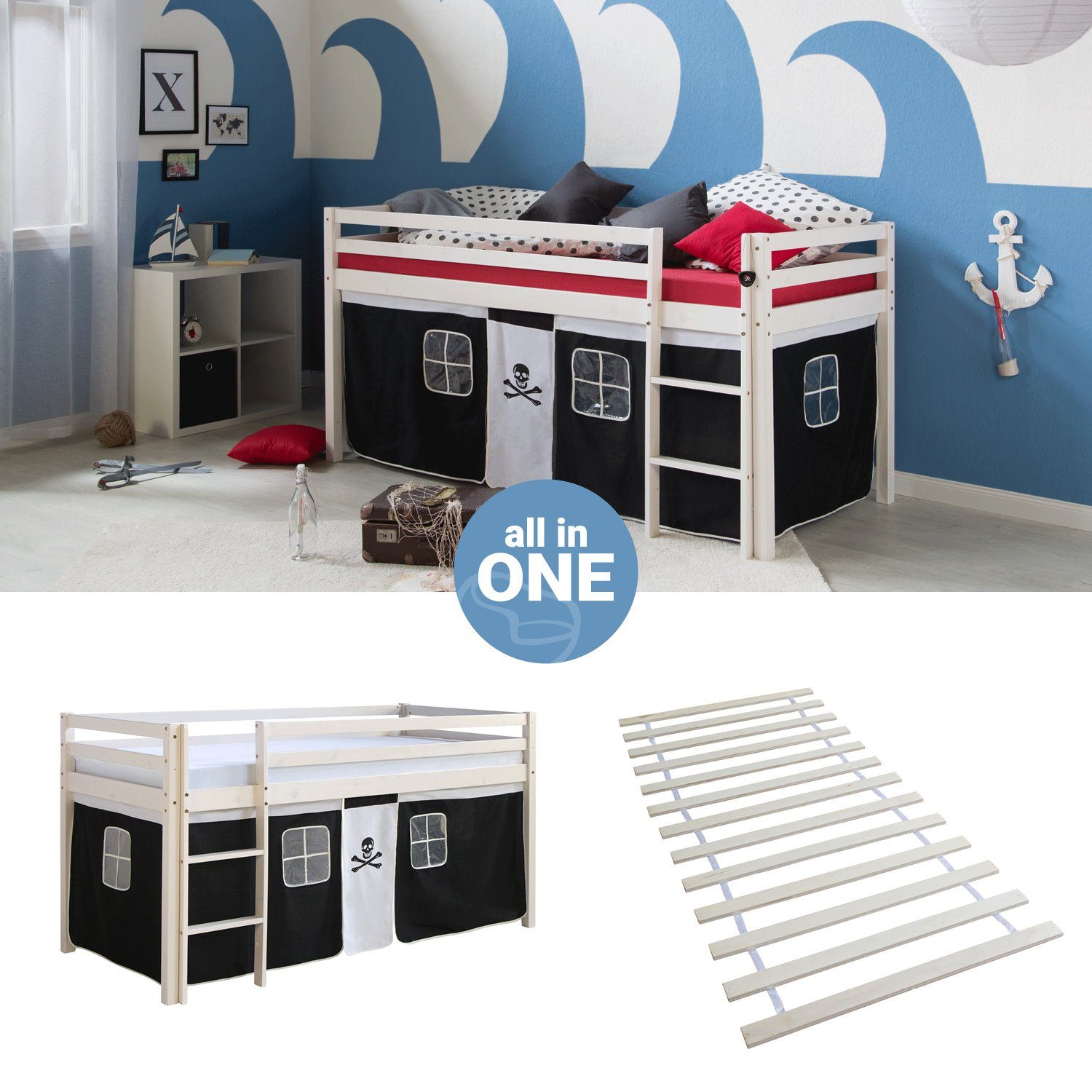 Homestyle4u Hochbett 90x200 mit Vorhang und Lattenrost in Weiß Pirat 2538 günstig online kaufen