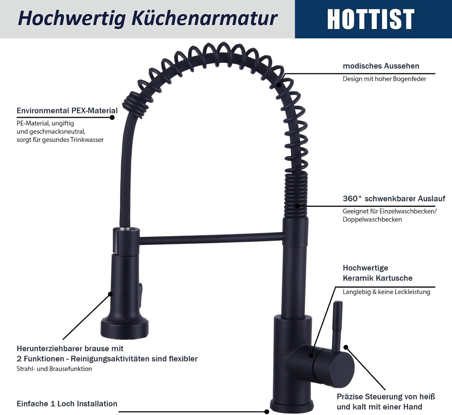 Athlix Küchenarmatur Wasserhahn Küche Schwarz, Hochdruck Küchenarmatur mit Brause Standard G3/8 Anschluss, 360° schwenkbar, Edelstahl – Bild 5 von 5