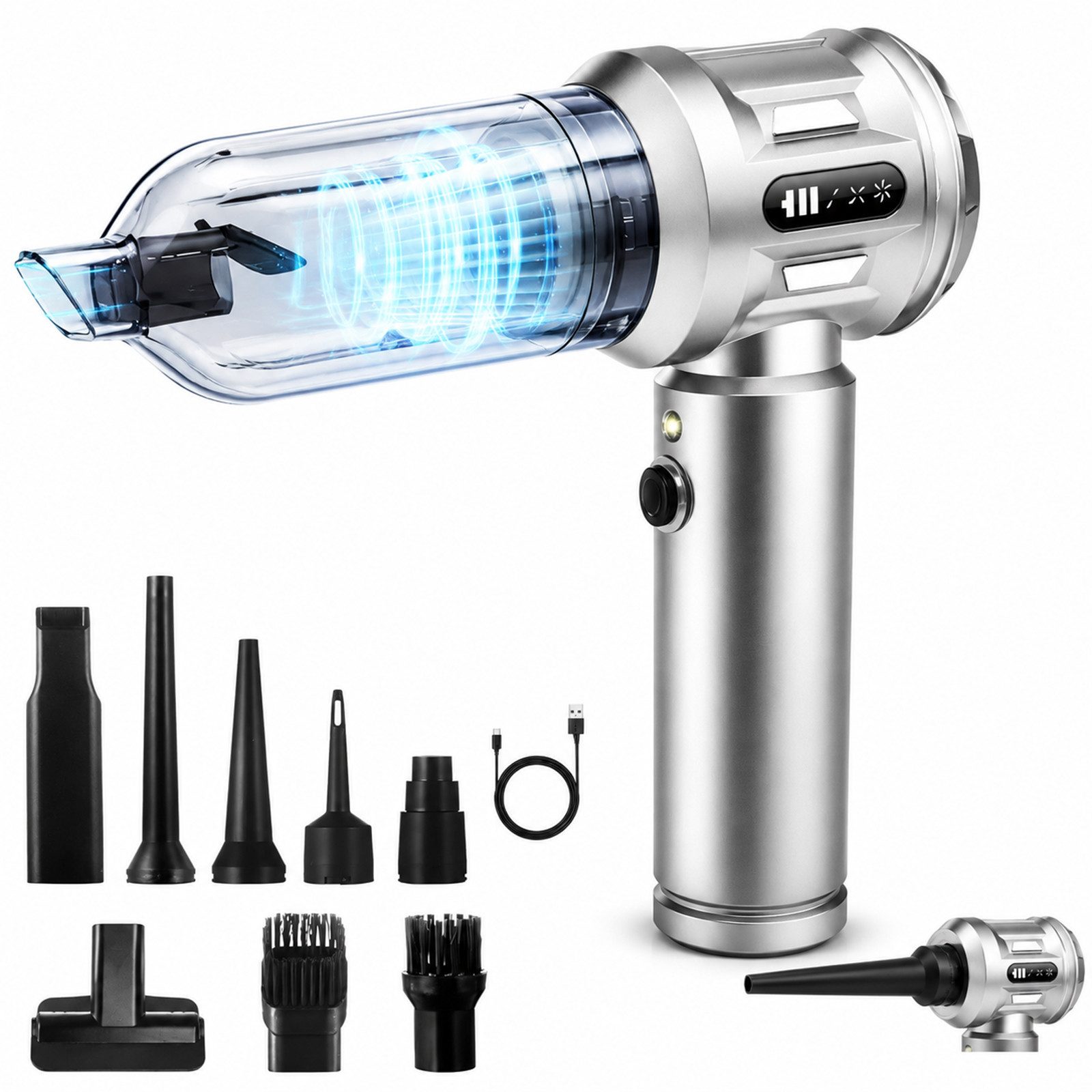 Ledklang Akku-Handstaubsauger Kabelloser 4-in-1 Mini-Staubsauger bürstenloser Motor 25000 Pa, 3 Stufen Tragbarer Staubsauger für PKW Wohnmobil Camping Treppen Sofa