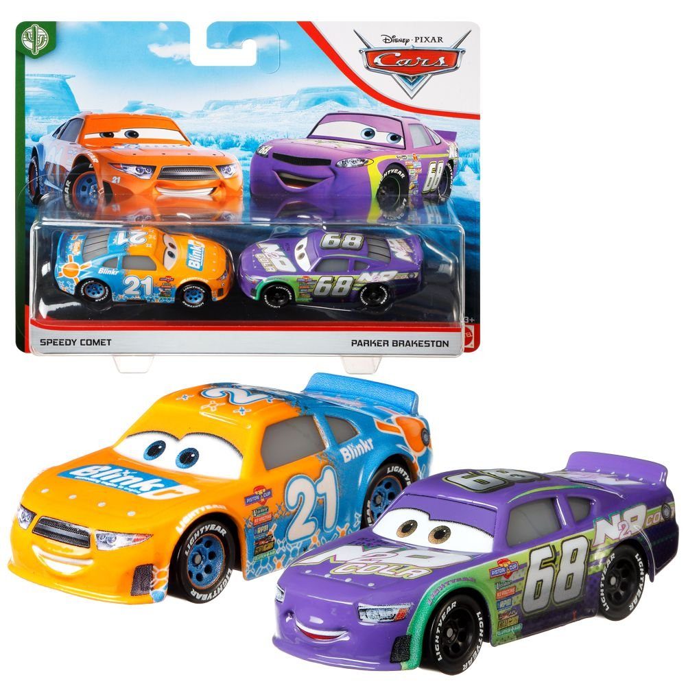 Disney Cars Spielzeug-Rennwagen Auswahl Doppelpack Disney Cars Fahrzeug Modelle Die Cast 1:55 Speedy Comet & Parker Brakeston