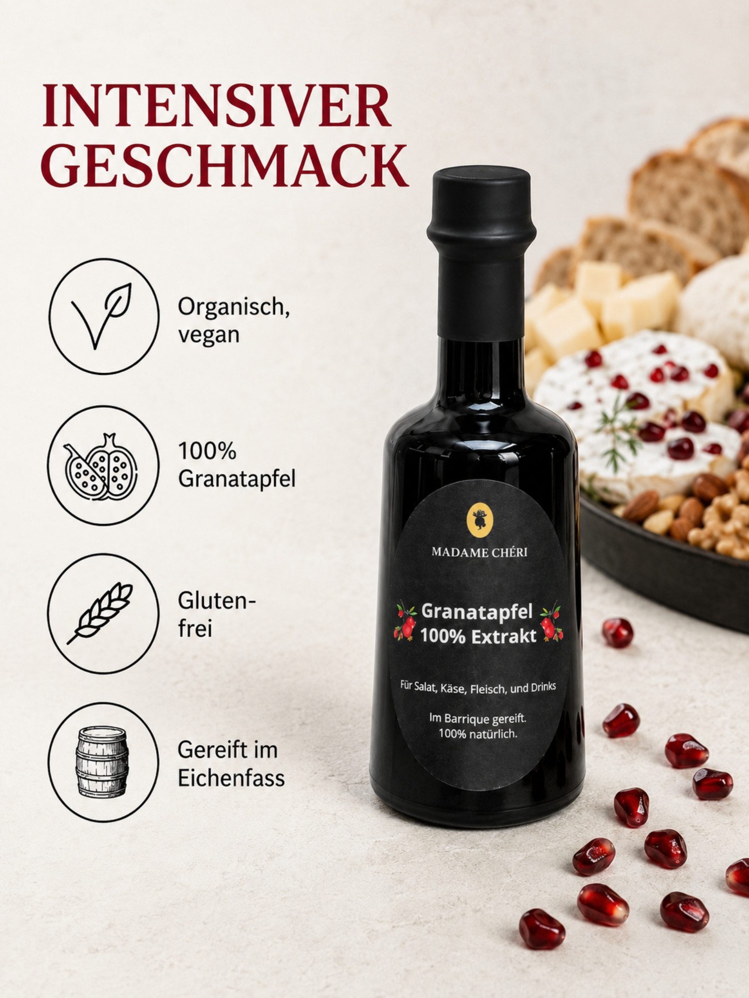 Madame Chéri Sirup Madame Chéri Granatapfelextrakt 100% Natur, 250 ml, 100% Granatapfel, im Barrique gereift, vegan unvergleichlich intensiv
