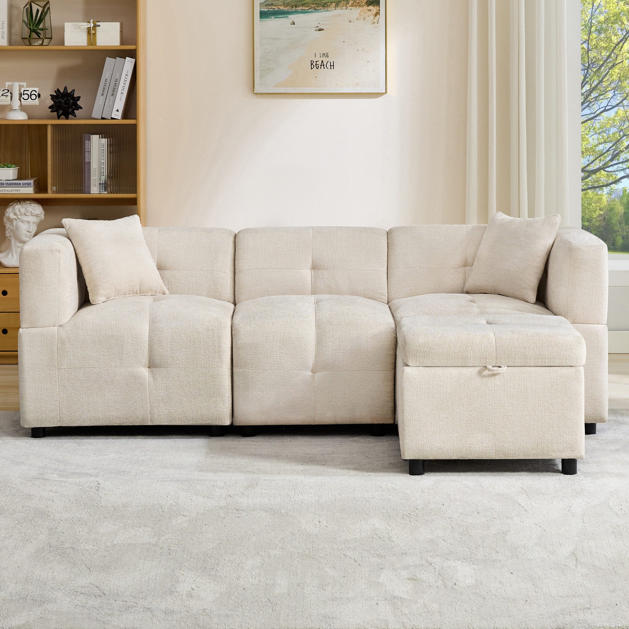 Merax 3-Sitzer Sofa Ecksofa mit abnehmbarem Fußhocker mit Stauraum, 204x126x69cm 1 Teile, L-förmiges Sofa aus Chenille,Modulares Couch mit Rückenlehne, 2 Kissen