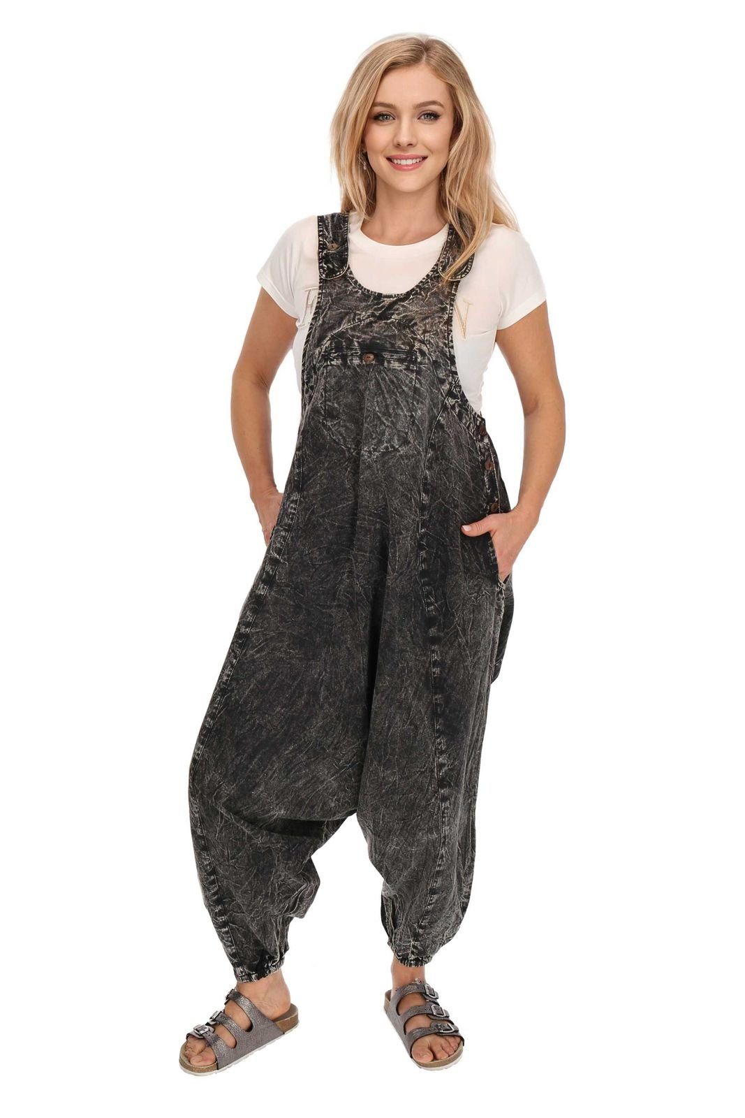 KUNST UND MAGIE Latzhose Hippie Latz/Haremshose Hose 70er Jumpsuit Overall Stonewashed Catsuit